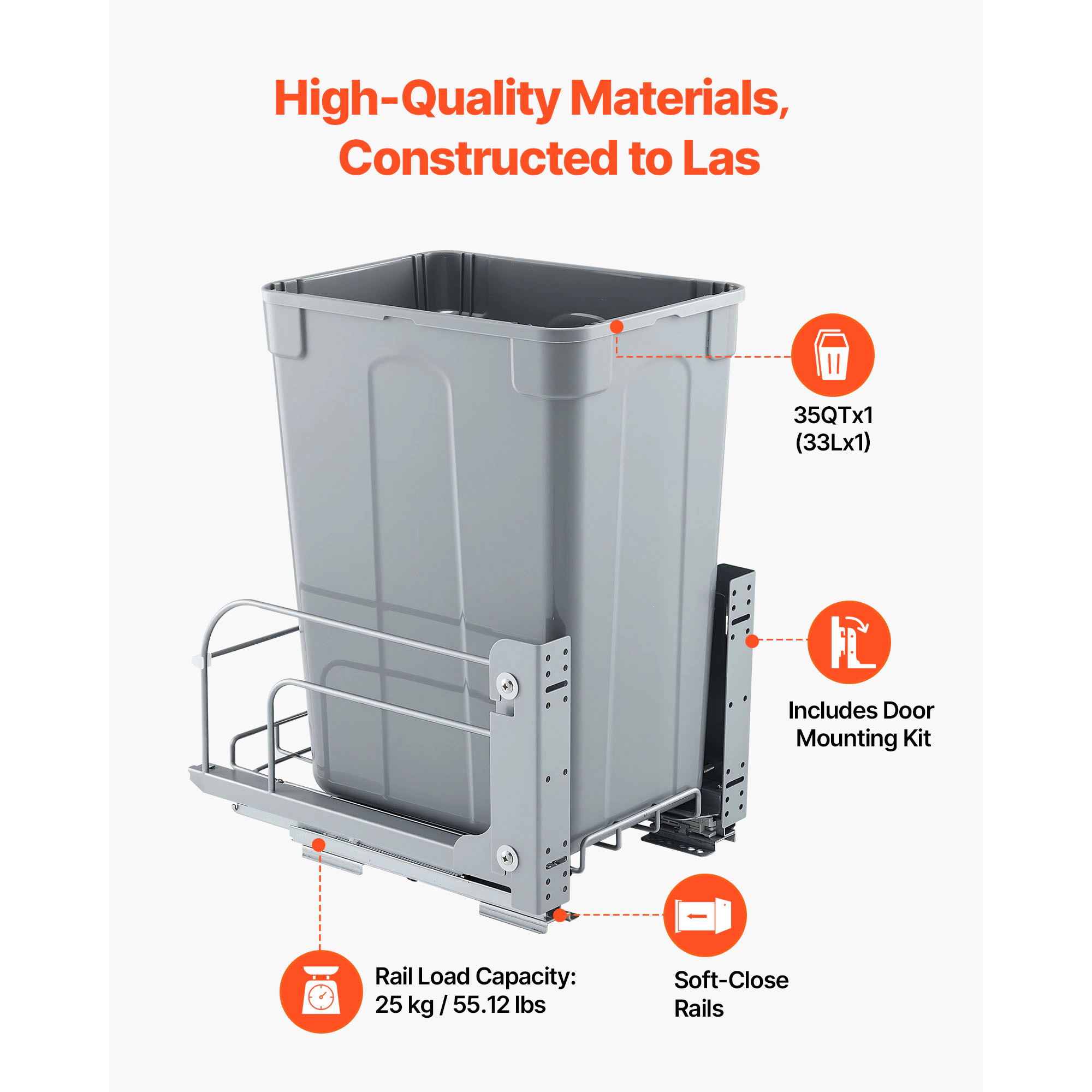 HONGGE Pullout Trash Can for Kitchen Cabinets 35 QT Garbage Waste Recycling Bin Under Mount Waste Container with Heavy