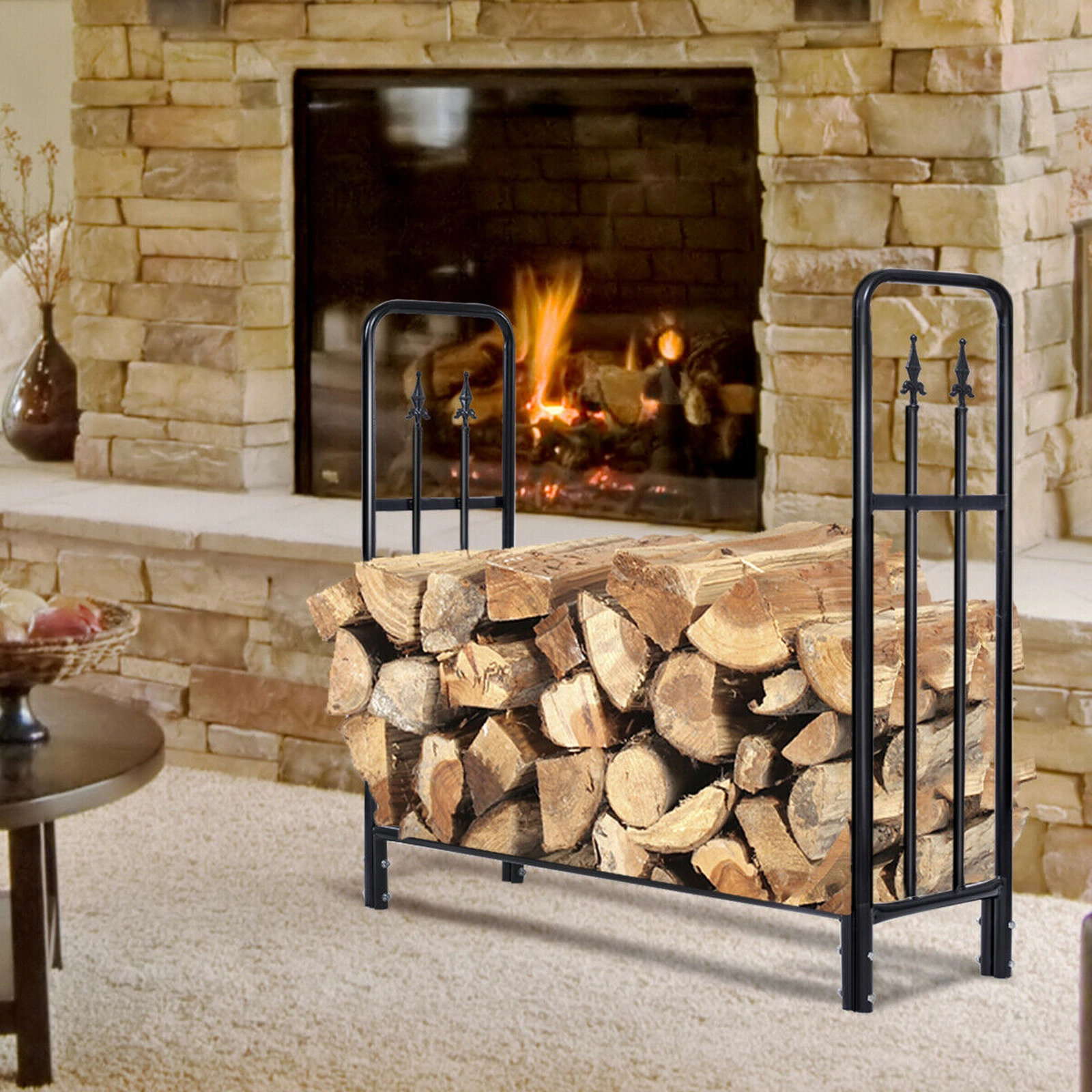 SUGIFT 4-ft Powder Coated Steel Outdoor Firewood Storage Rack 47-in x 14-in x 44.2-in 880-lb Capacity Black