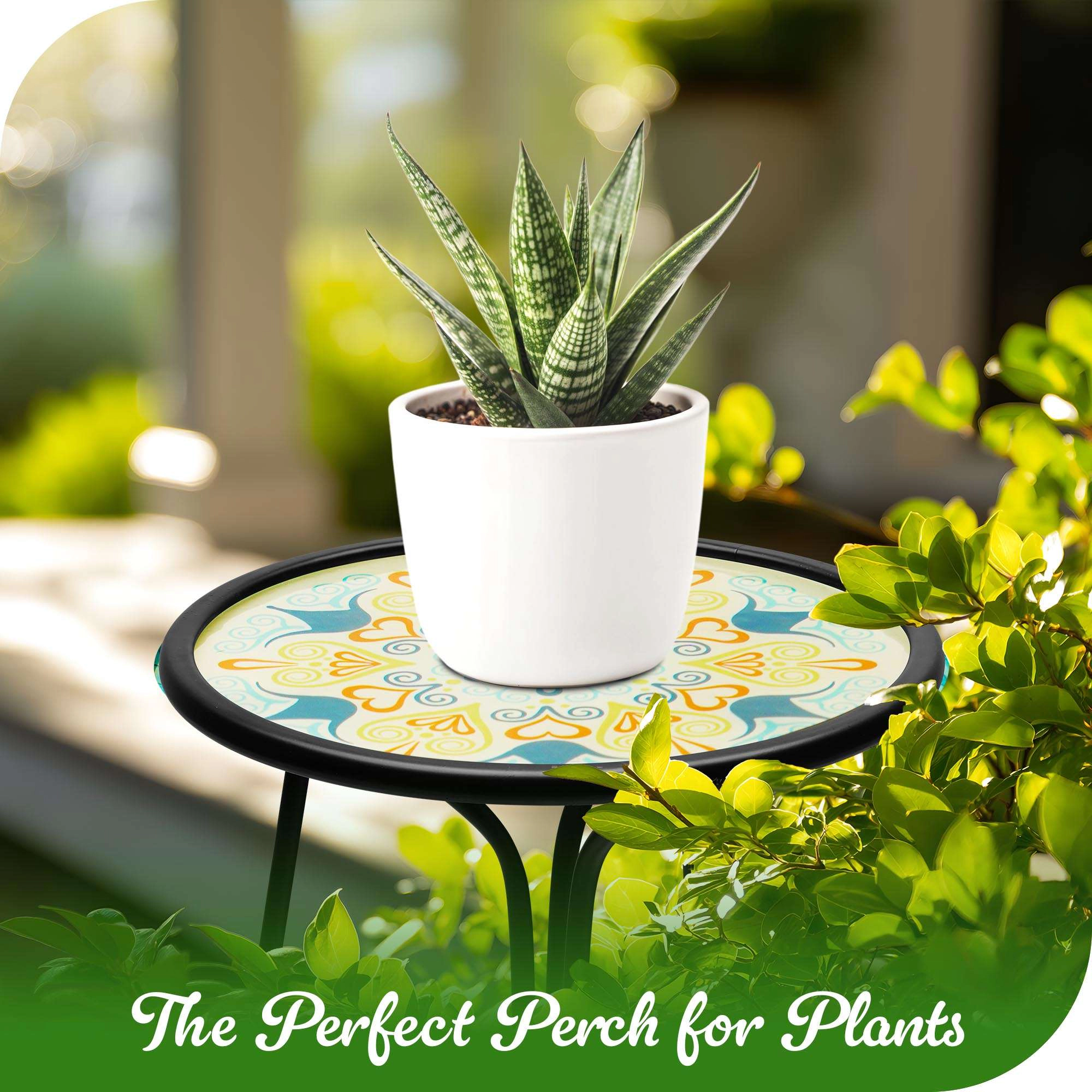 G128 12 in Round Glass Outdoor Side Table Green Mandala Pattern, Foldable Metal Plant Stand