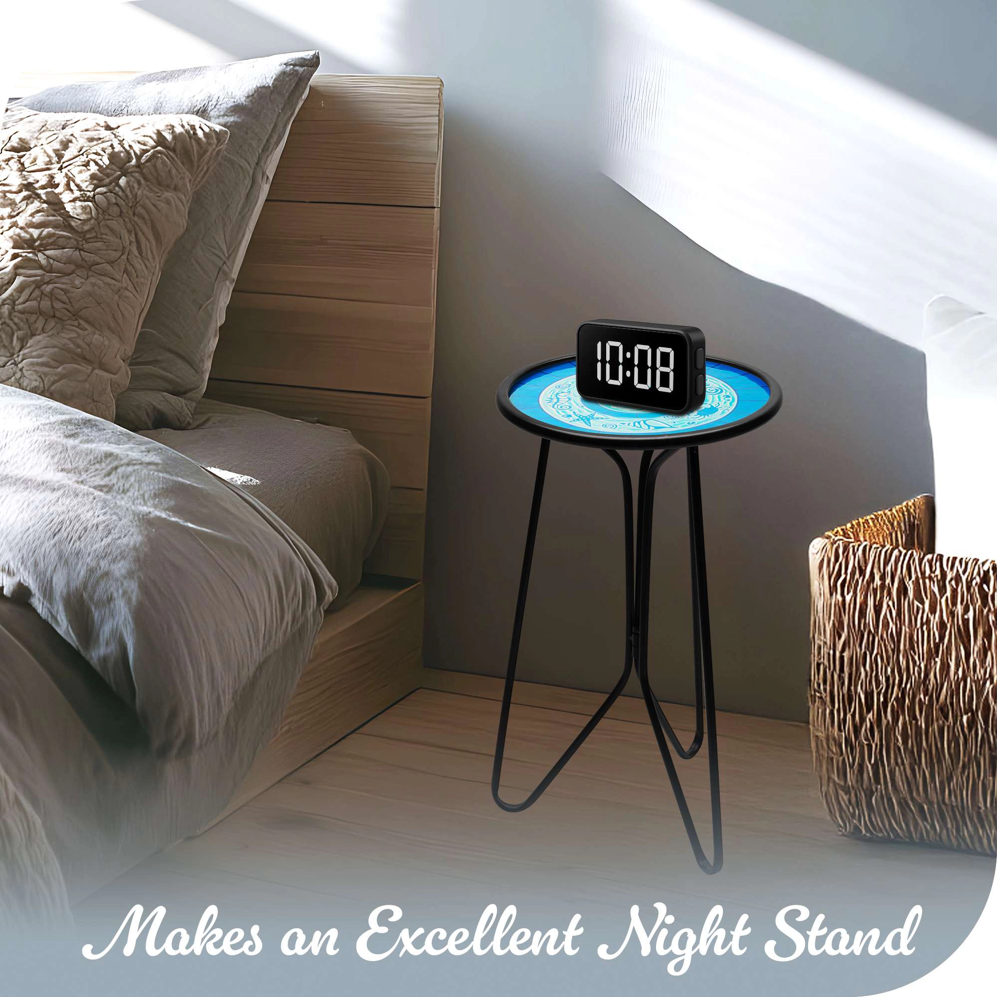 G128 12in Round Glass Outdoor Side Table Ocean Pattern - Foldable Anti-Rust Metal Patio Table