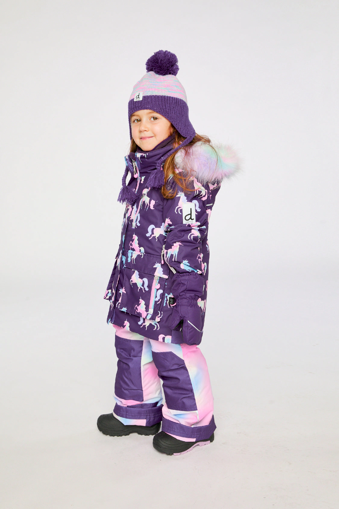 Deux par Girls Unicorn Print Two Piece Play Snowsuit with Hooded Jacket and Snow Pants