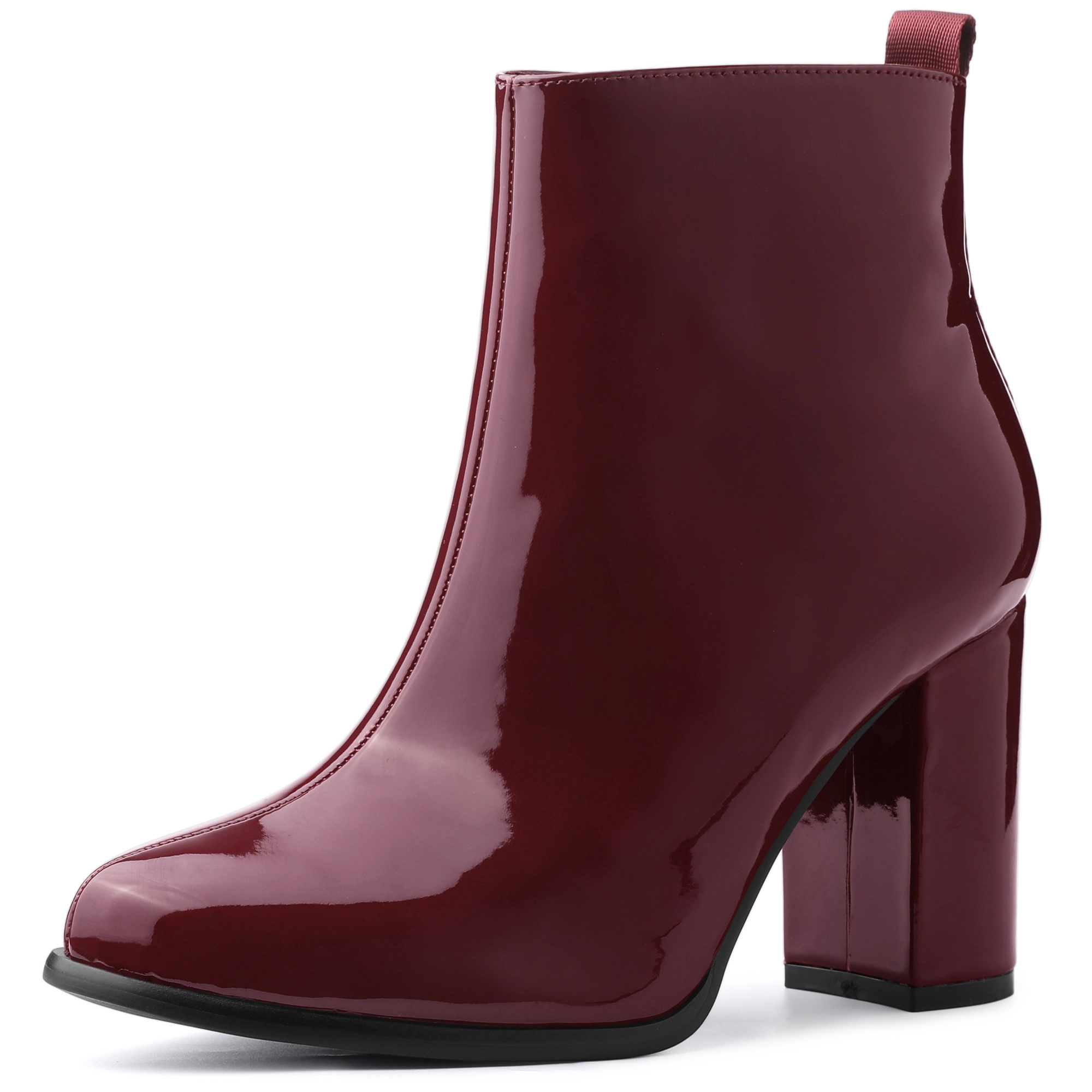 BLISSFUL STEP Women Patent Leather Round Toe Zipper Chunky Heels Ankle Boots