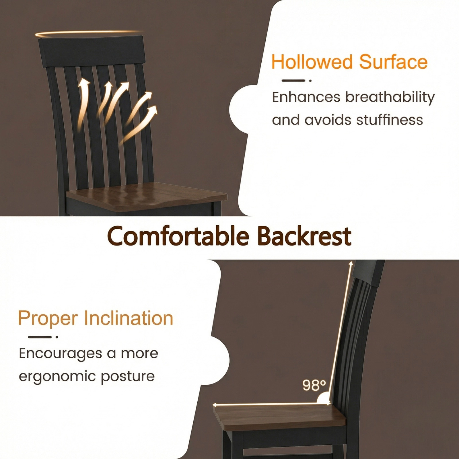 SUGIFT Set of 2 Black Solid Wood Armless Dining Chairs with Vertical Slat Backrest