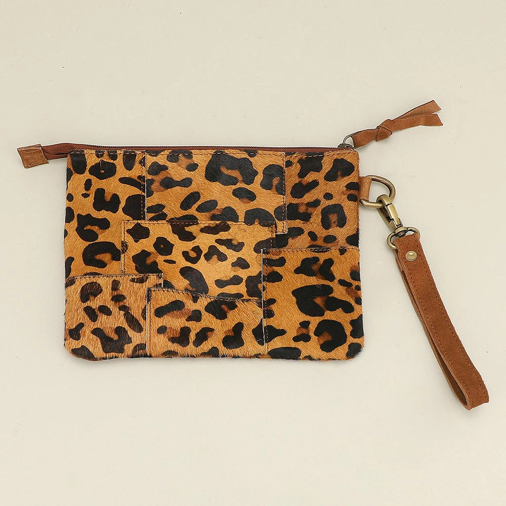 Fashnzfab Genuine Leather Leopard Pattern Calf Fur Patchwork Wristlet Pouch Clutch Bag