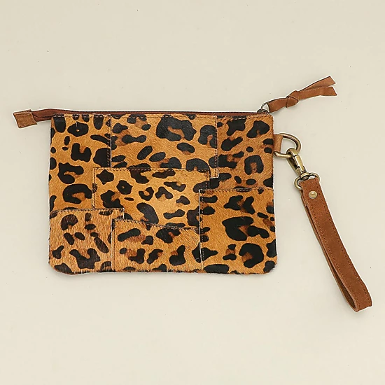 Fashnzfab Genuine Leather Leopard Pattern Calf Fur Patchwork Wristlet Pouch Clutch Bag