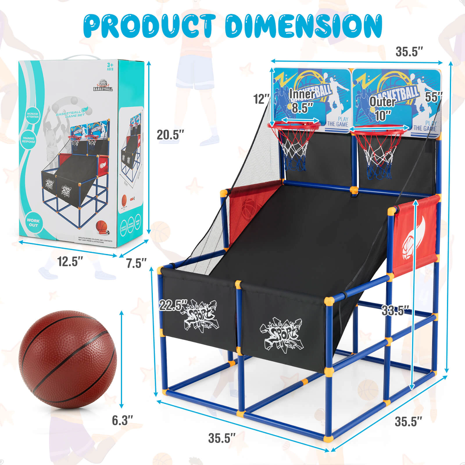 SUGIFT 55-in Kids Arcade Basketball Game Set with Dual Hoops Blocking Net 4 Basketballs and Ball Pump