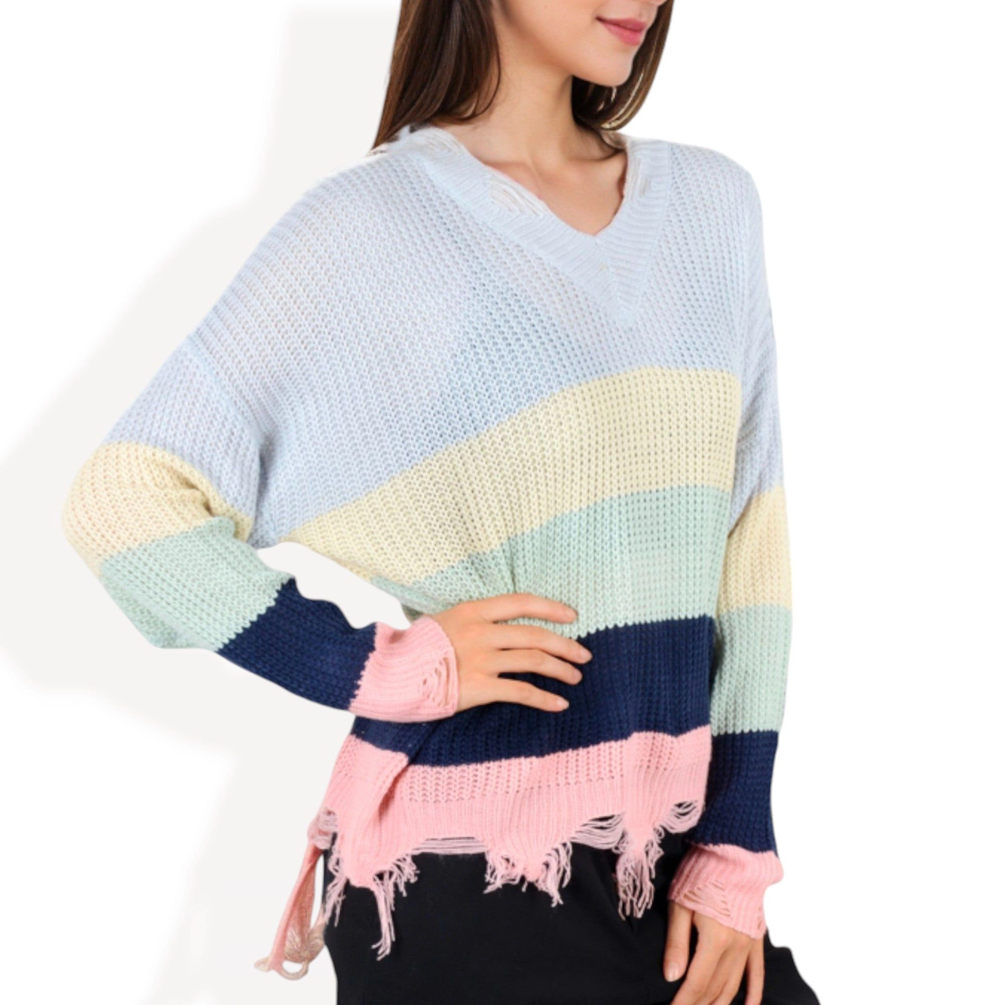 Anna-Kaci Women's Distressed Knit Sweater V-Neck Striped Pattern for Casual Everyday Layering
