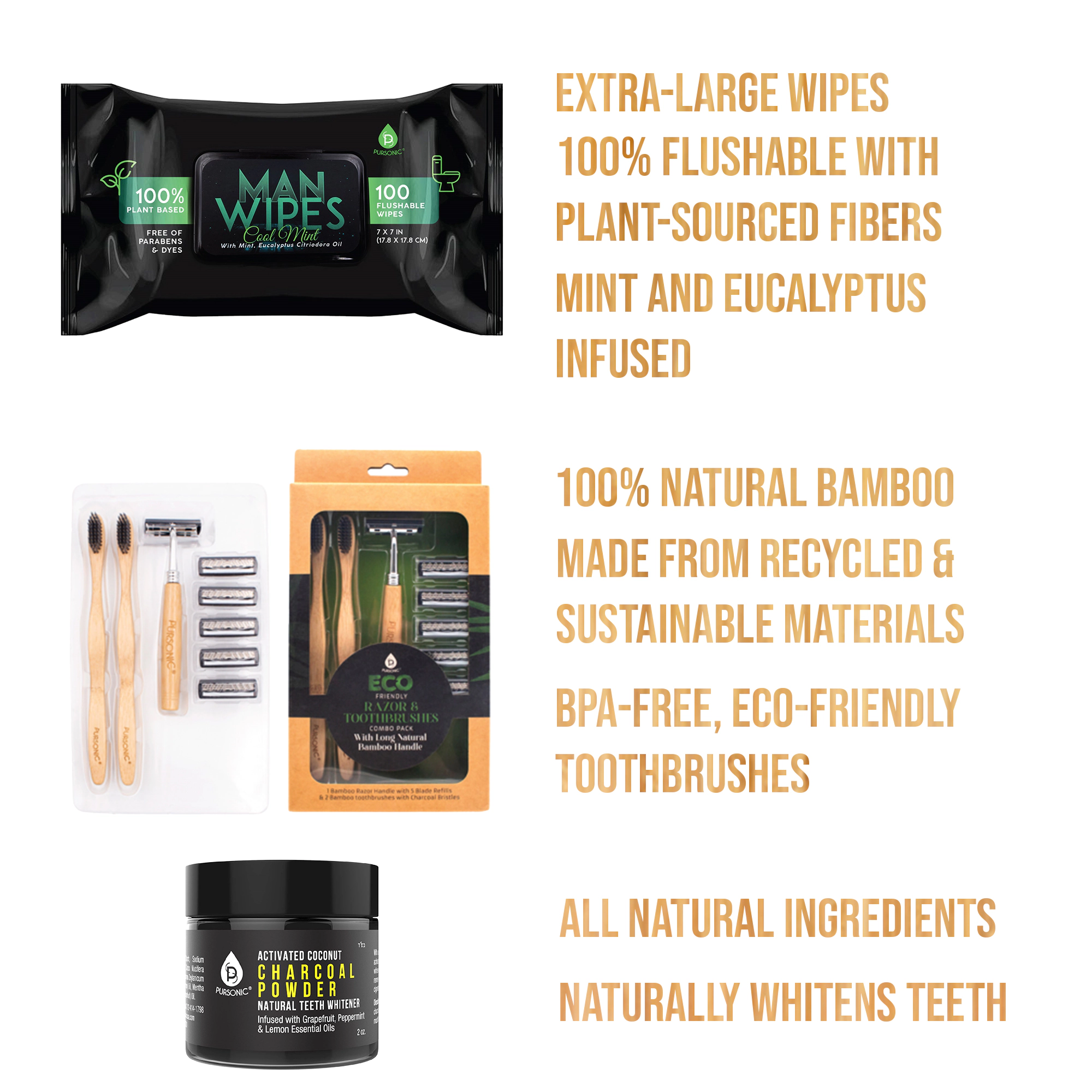 Pursonic Men's Grooming Essentials Bundle Eco-Friendly Razor, Flushable Man Wipes and Activated Coconut Charcoal Powder