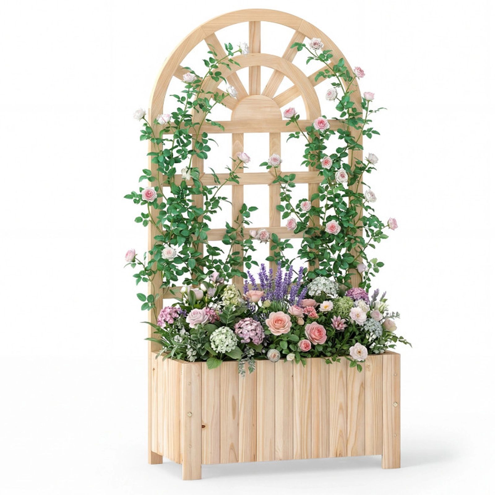 SUGIFT Natural Wood Raised Garden Bed with 48-in Lattice Trellis 24-in W 12-in D 66-lb Planter Box Capacity