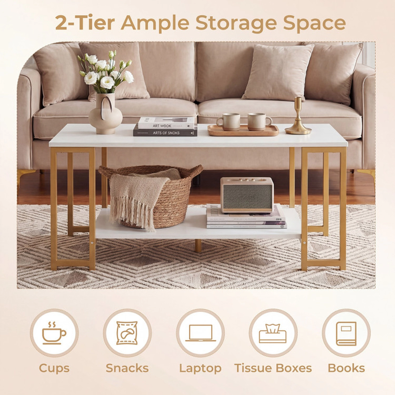 SUGIFT 2-Tier Open Shelf Gold Metal Frame Modern Coffee Table 39.5-in x 19.5-in x 18-in 176-lb Capacity White