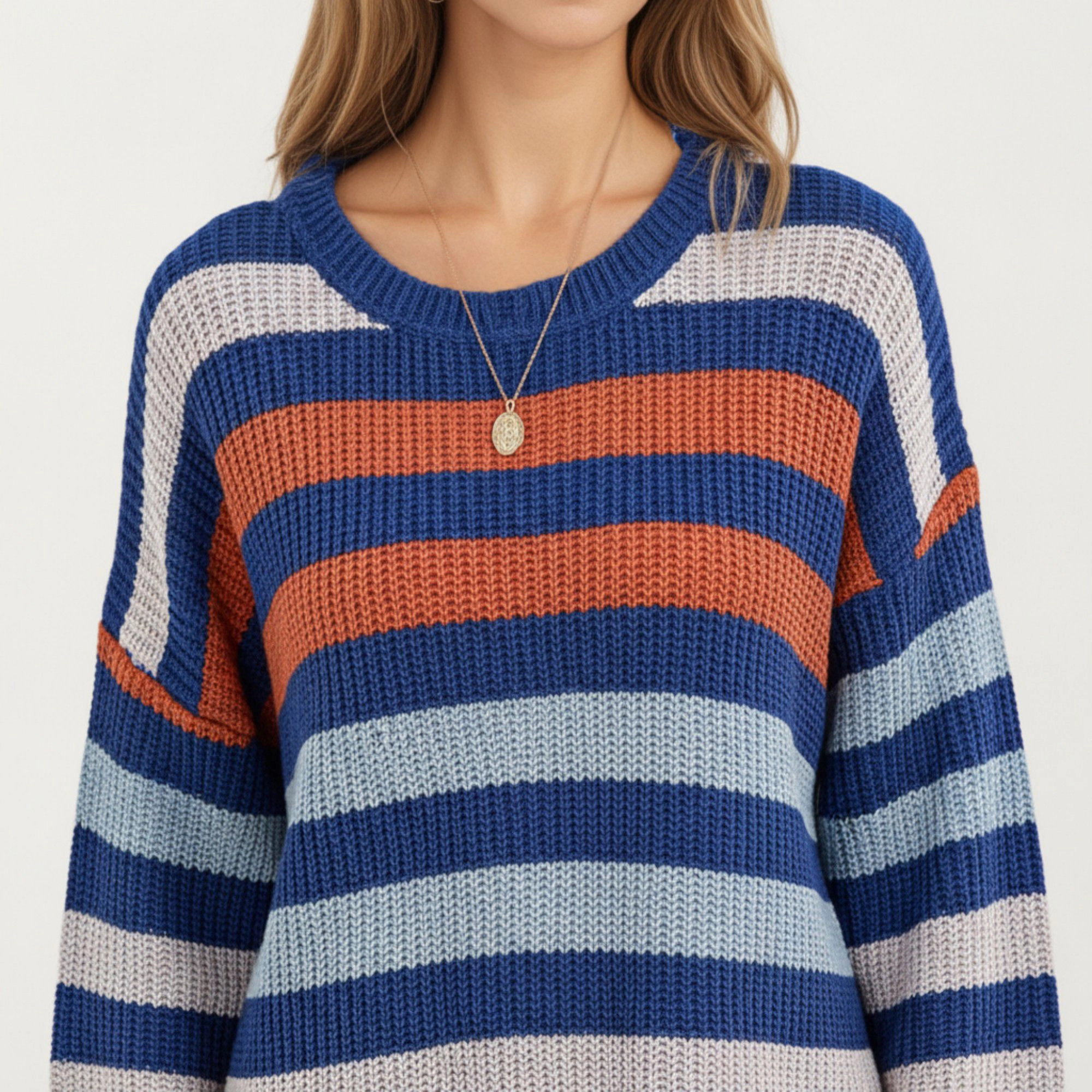 Anna-Kaci Women's Wide Striped Crew Neck Relaxed Fit Long Sleeve Knit Sweater