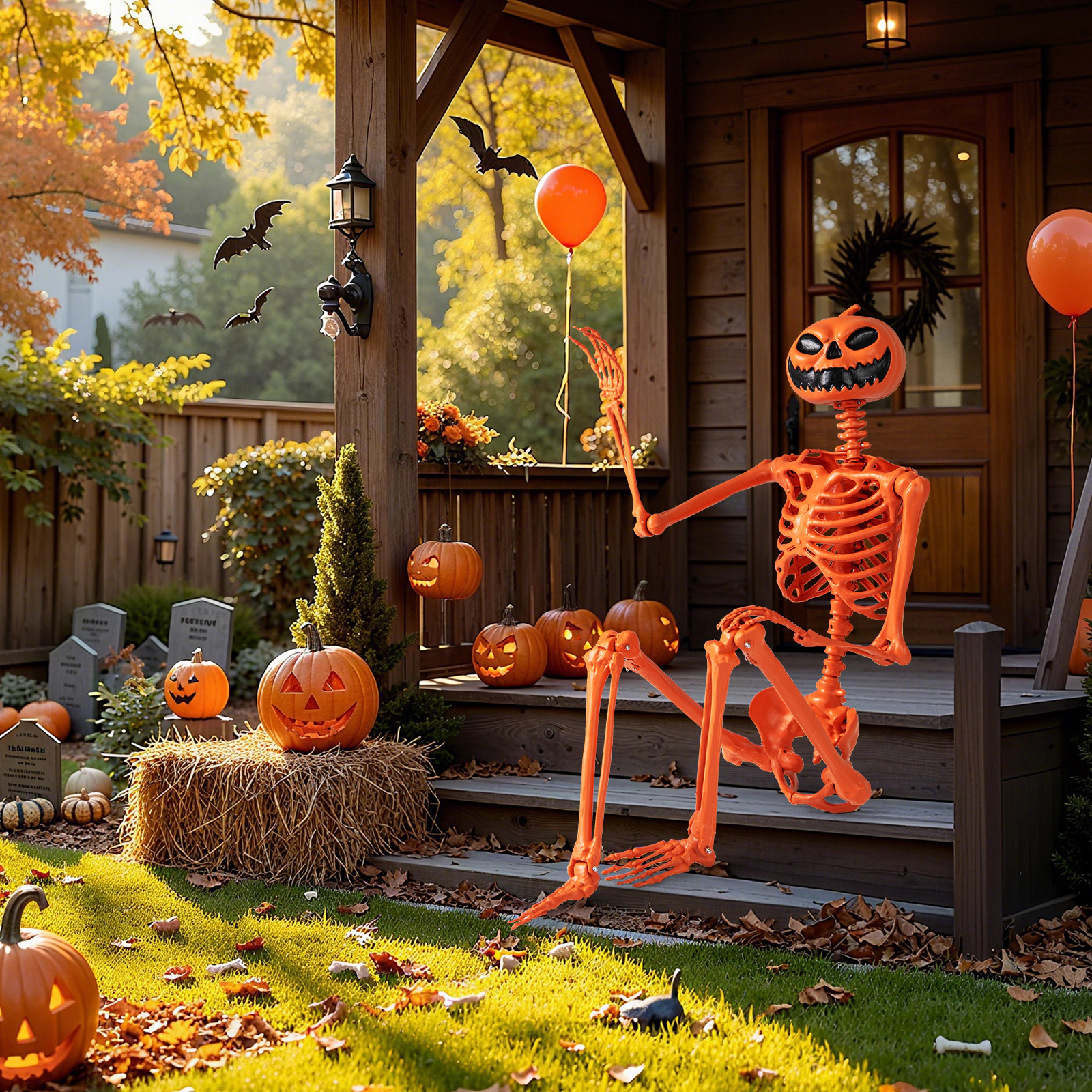 LJG 5.2 FT Orange Life-Size Poseable Halloween Skeleton with Pumpkin Head and Movable Joints