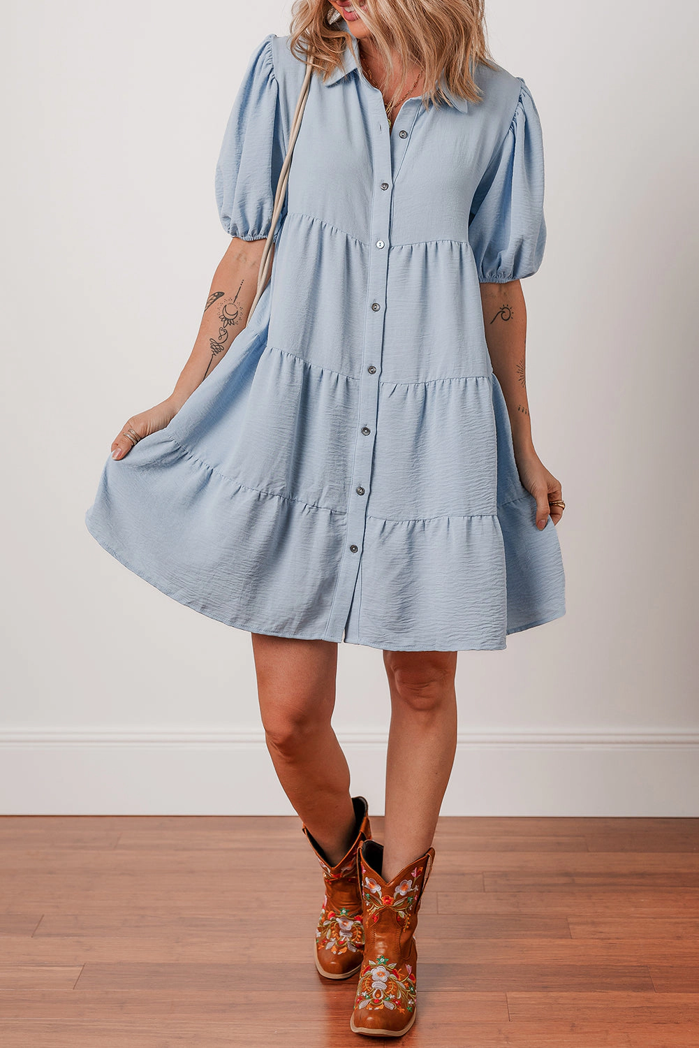 Threaded Pear Women's Arya Shirt Collar Button Up Puff Sleeve Tiered Dress