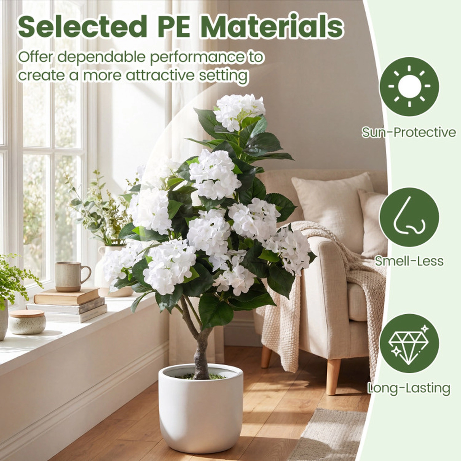SUGIFT 42.5-in Artificial White Hydrangea Tree with 11 Silk Blooms 88 Leaves and Cement-Filled Pot