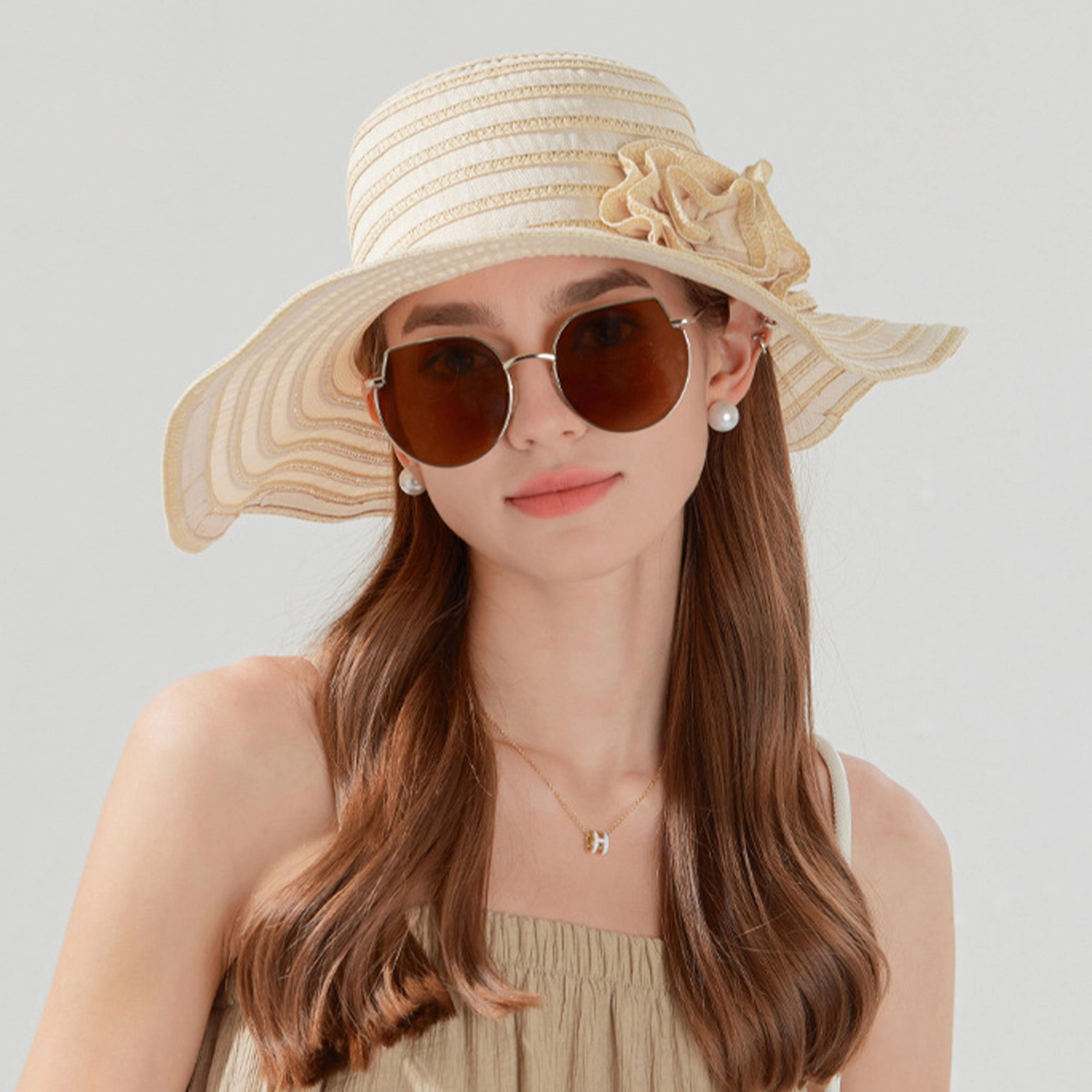 Anna-Kaci Womens Straw Sun Hat with Floral Accent Summer Beach Adjustable Chin Strap