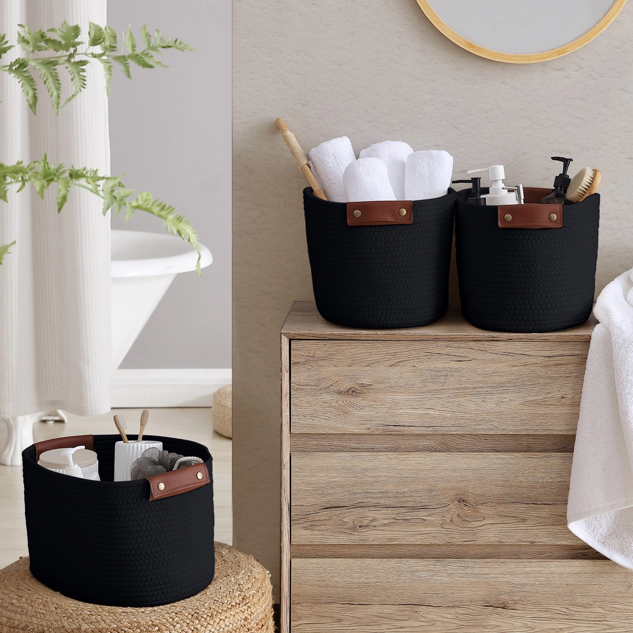 Ornavo Home 3 Pack Cotton Rope Shelf Basket with Faux Leather Handles - 15" x 10" 9"
