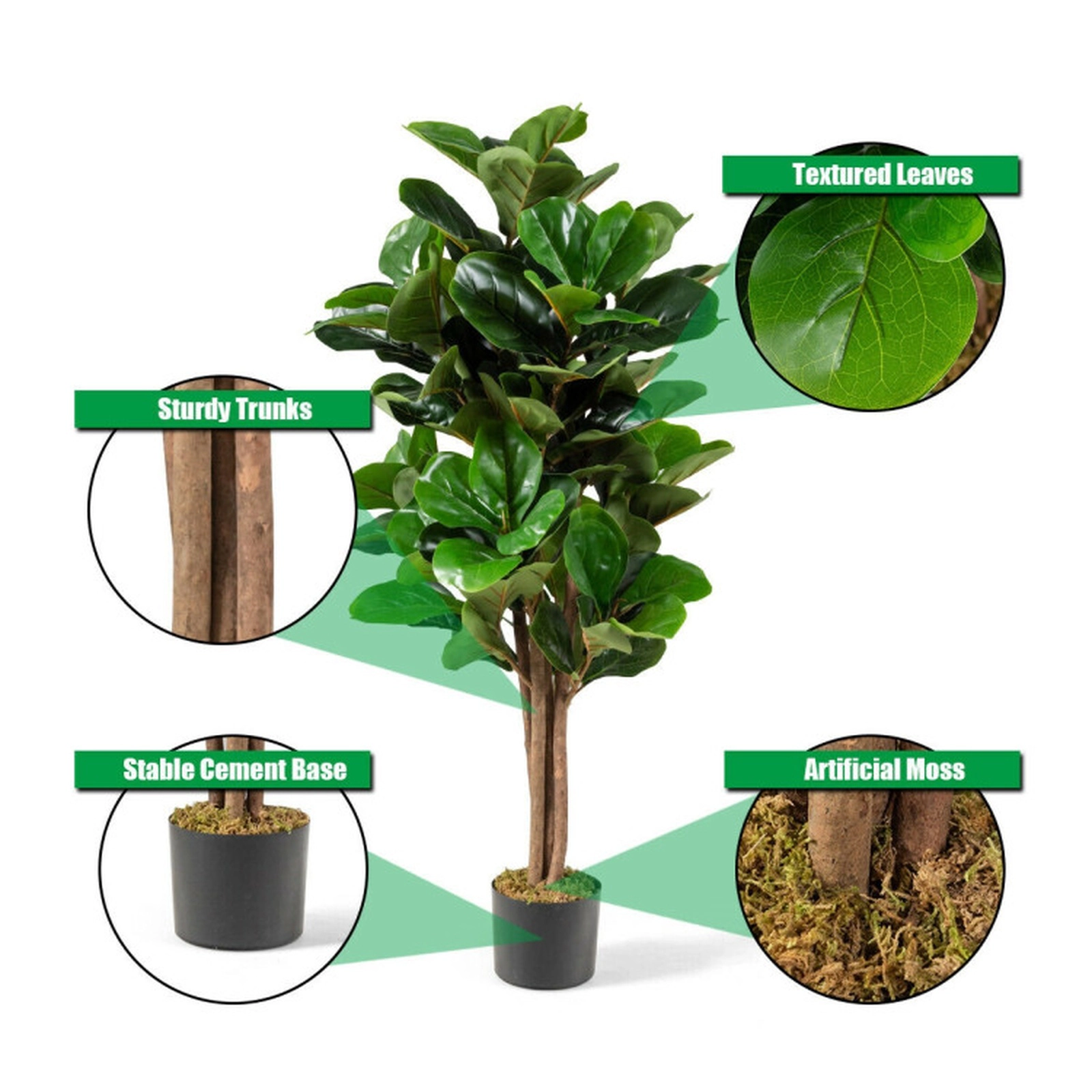 SUGIFT 4-ft Artificial Fiddle Leaf Fig Tree with 118 Leaves Natural Trunks and Cement-Filled Planter