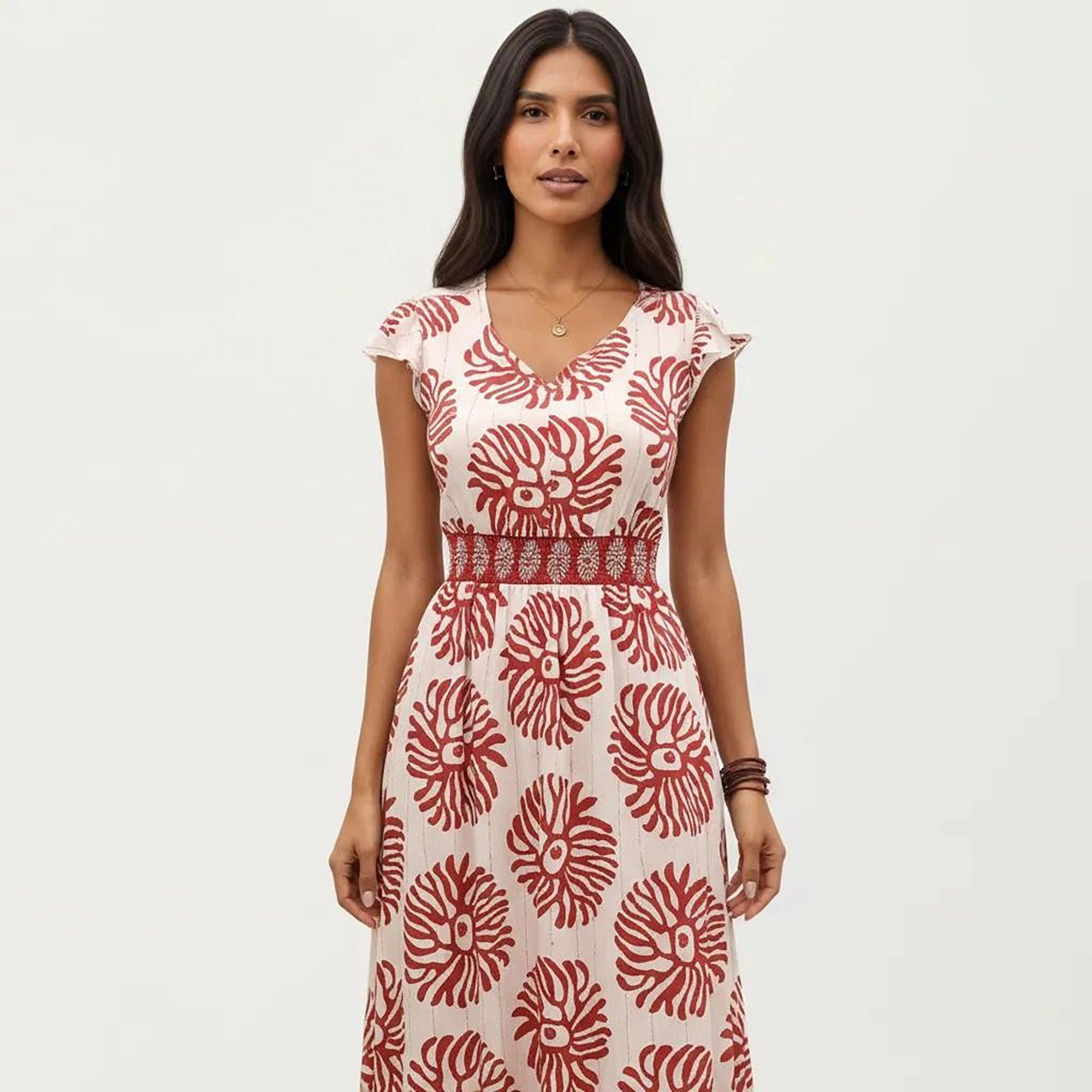 Anna-Kaci Women's Cap Sleeve V-Neck Smocked Waist Maxi Dress