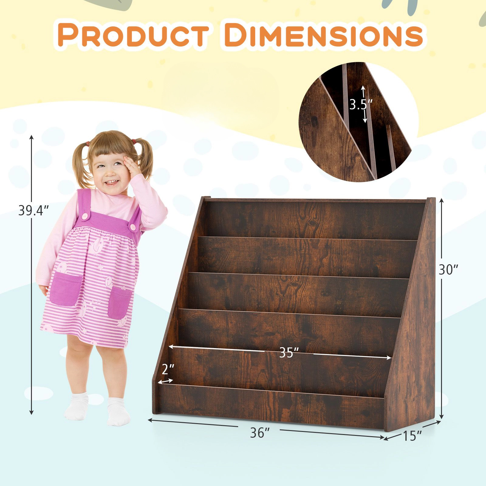SlickBlue 5 Tier Kids Book Display Rack for Bedroom Playroom
