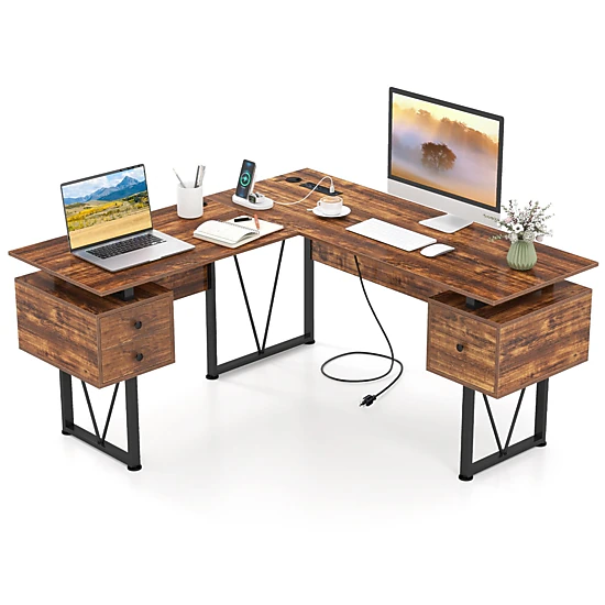 SlickBlue L-Shaped Office Desk with 3 Drawers and Power Station