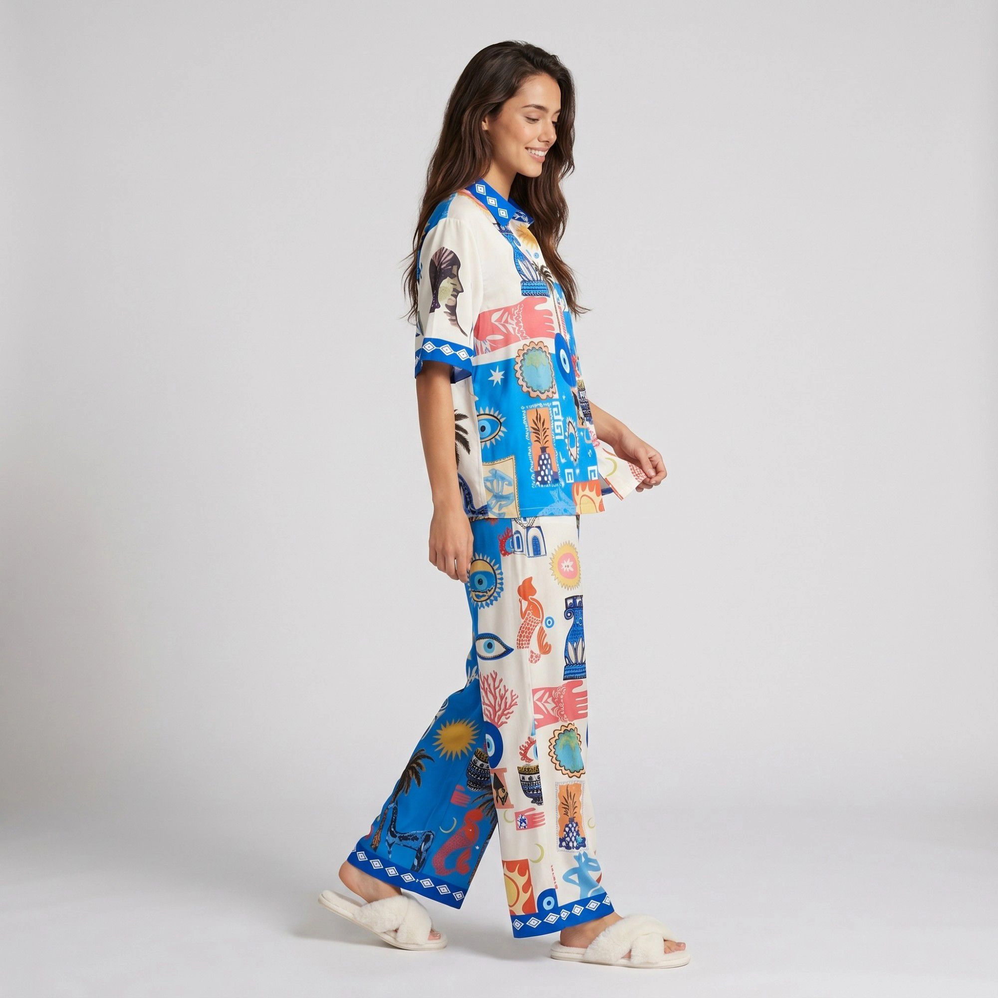 Anna-Kaci Women's 2-Piece Travel Print Pajama Set with Short Sleeve Button Top and Wide Leg Pants