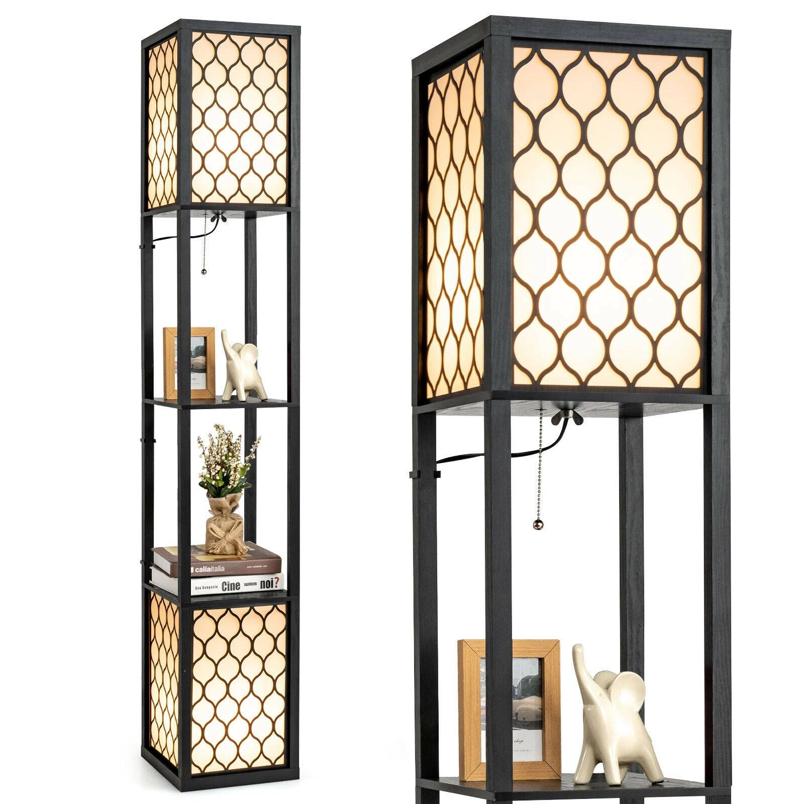 SUGIFT 2-Light 2-Tier Shelf Pull Chain Foot Switch Floor Lamp 10-in x 10-in x 62-in 60W Max E26 Bulbs Black