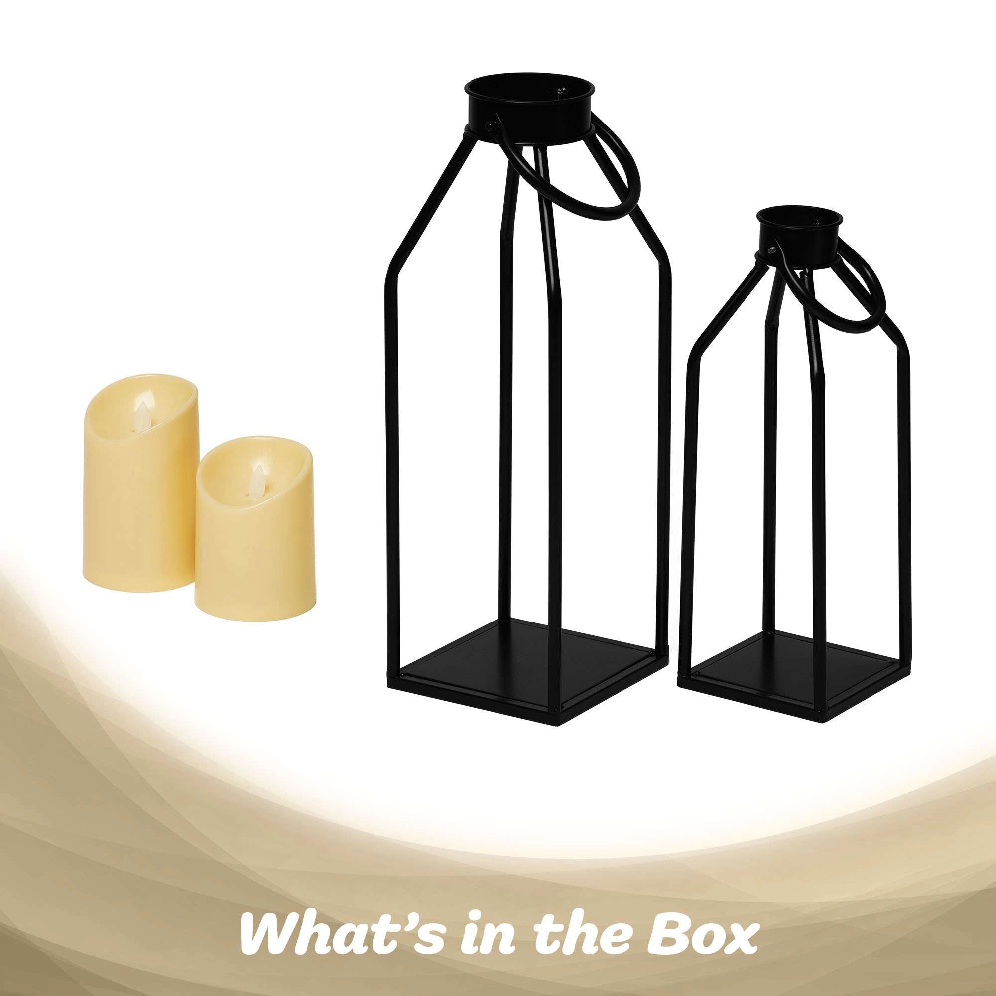 G128 2-Pack Black Metal Flameless Lanterns with Built-In LED Candles, 15in Modern Farmhouse Decor