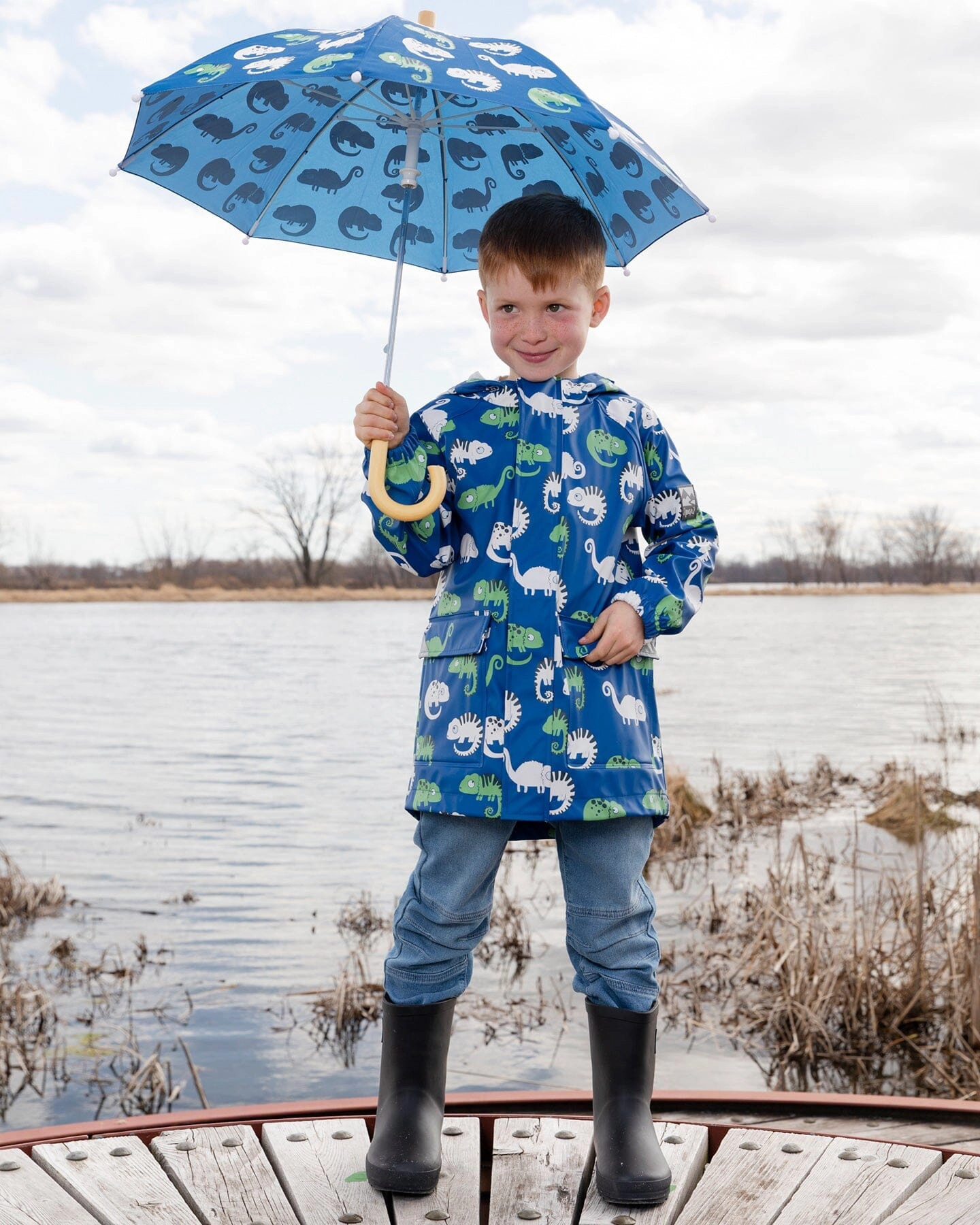 Deux par Deux Boys Rain Jacket In Polyurethane Chameleon Print