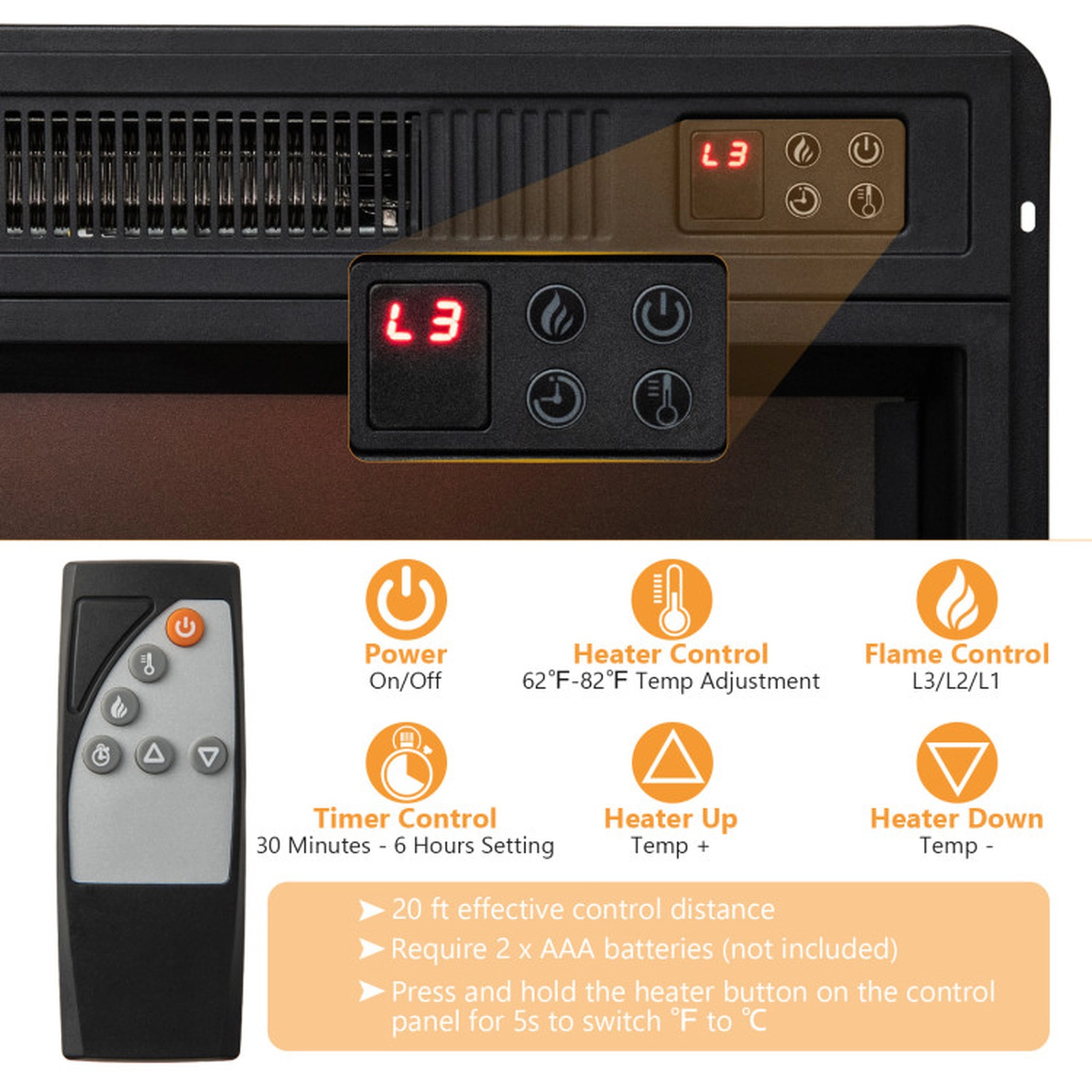 SUGIFT 58-In Black Fireplace TV Stand for TVs up to 65 Inches, 5000 BTU Heater, Cabinets
