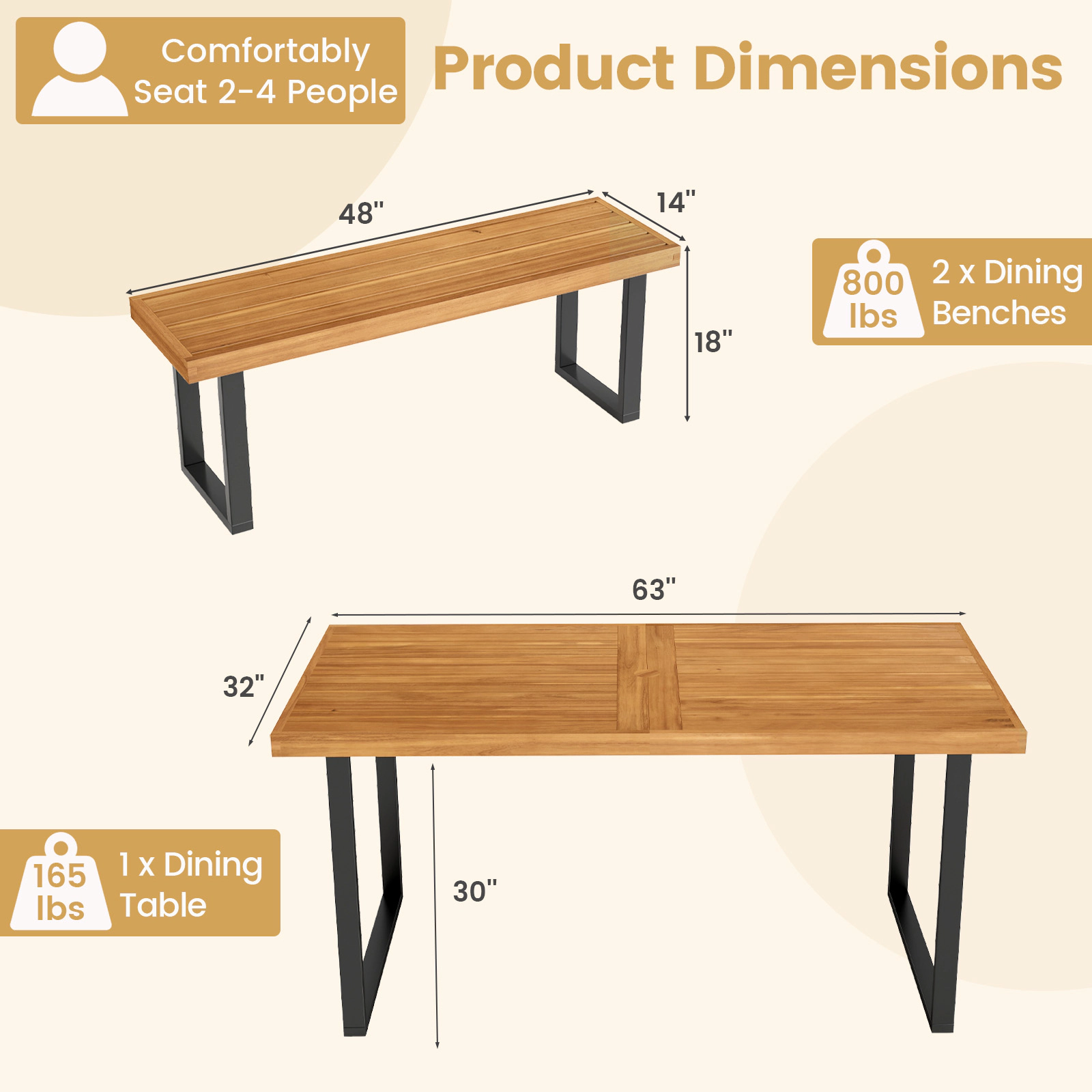 SUGIFT 3-Piece Acacia Wood Patio Dining Set, 63-Inch Table, 2 Backless Benches, Umbrella Hole
