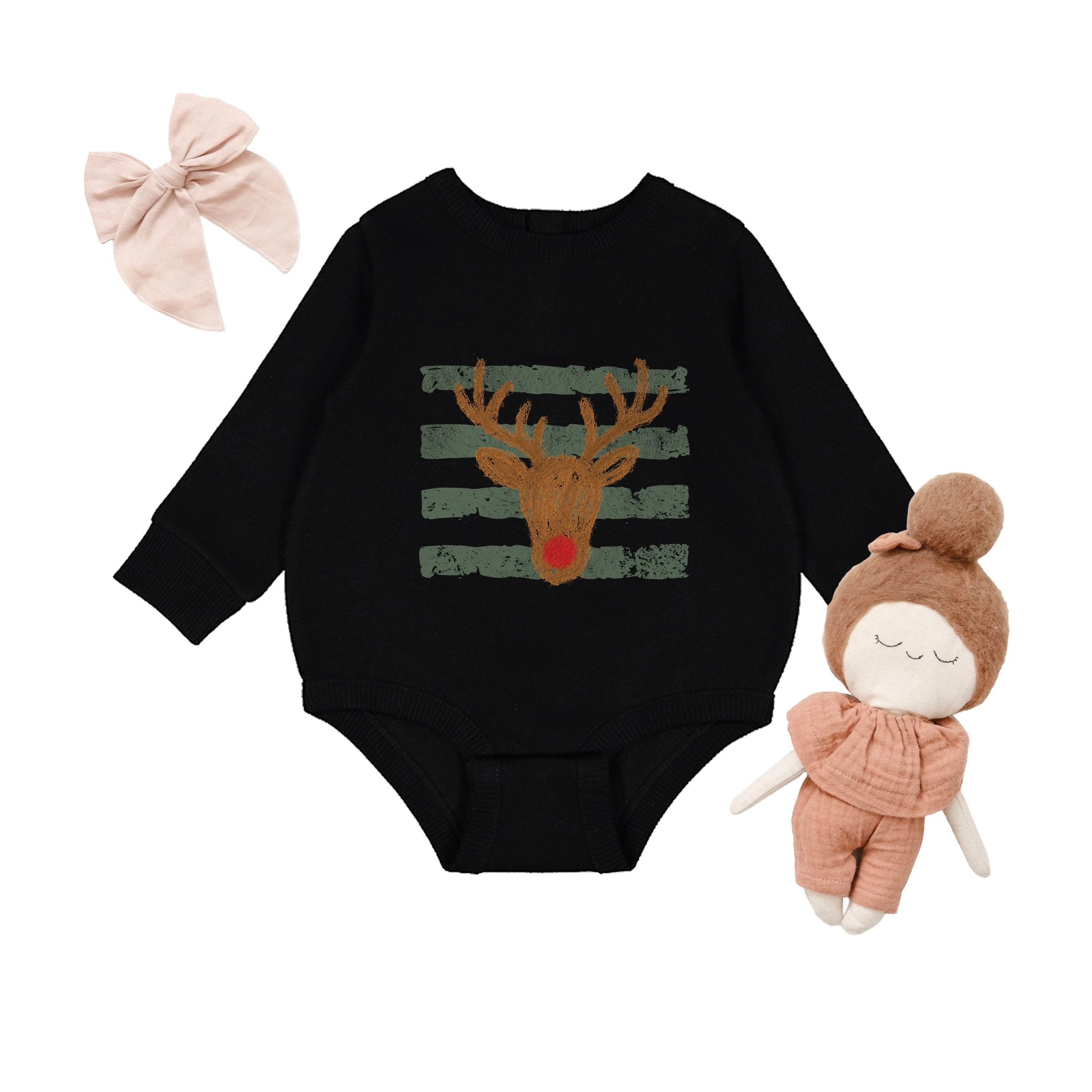 The Juniper Shop - Infant Fleece BodySuit Red Nose Deer Stripes