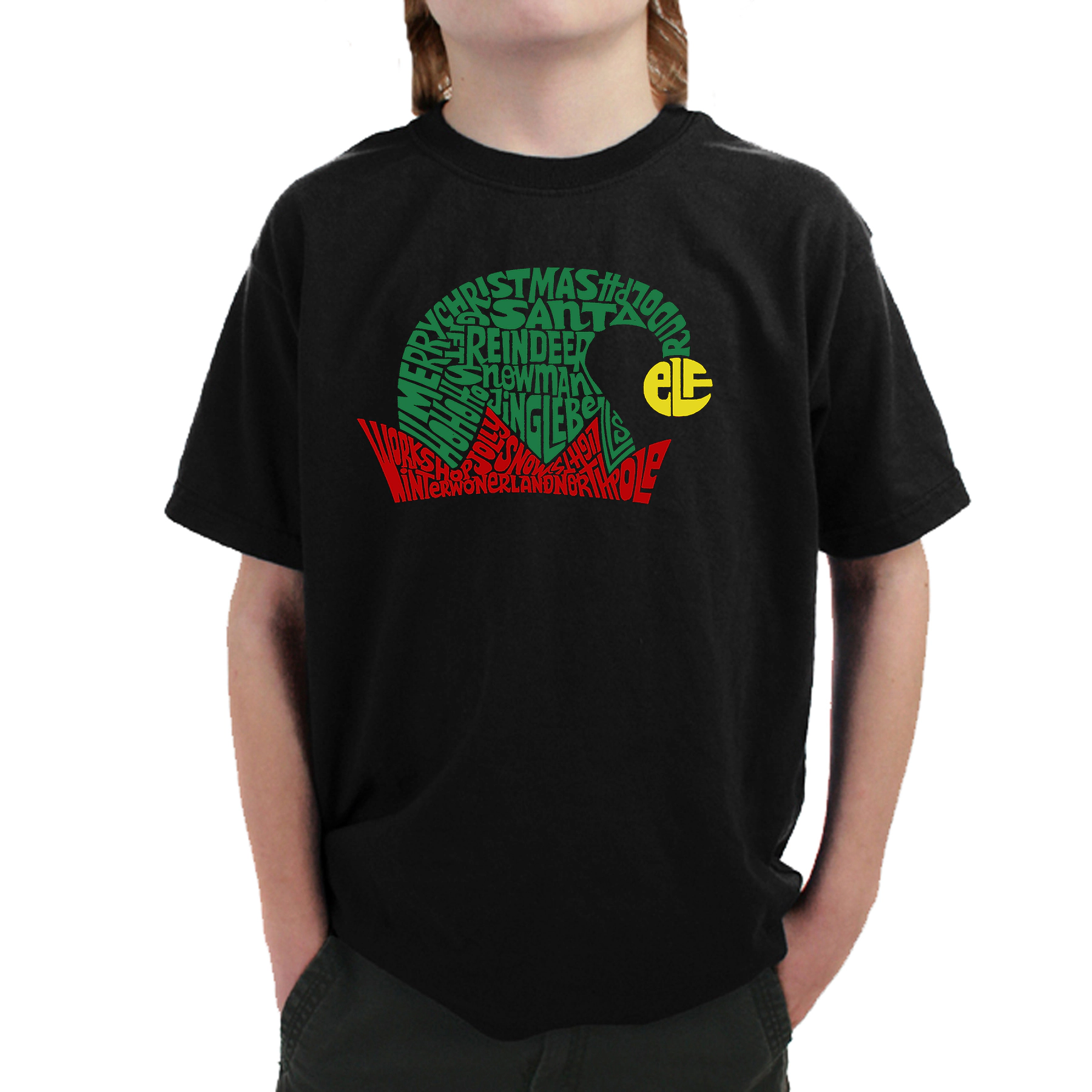 LA Pop Art Boy's Word T-Shirt - Christmas Elf Hat
