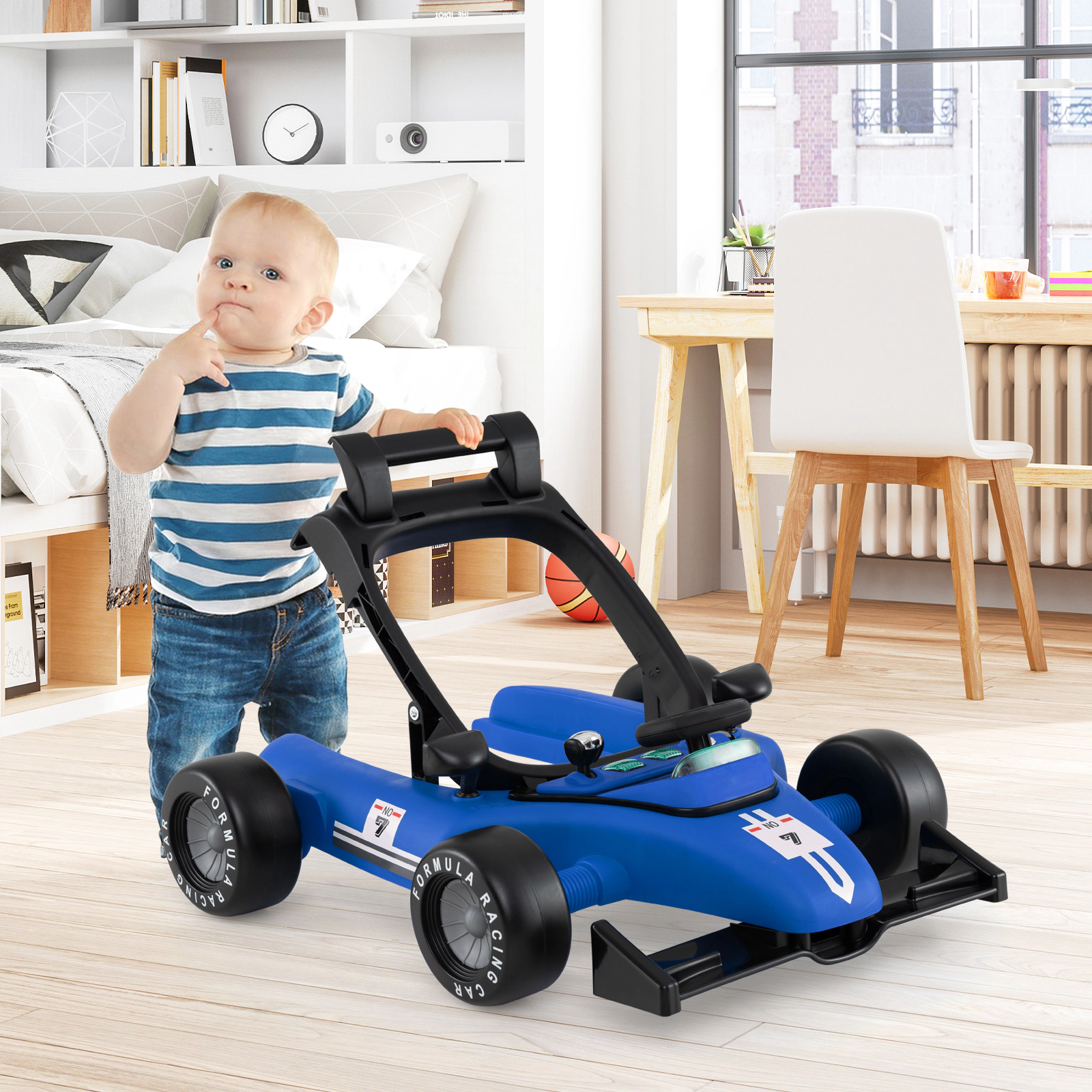 4-in-1 Baby Push Walker and Activity Center with Noise-Free Wheels Easy-Grip Handle Music Box and 3 Heights in Blue
