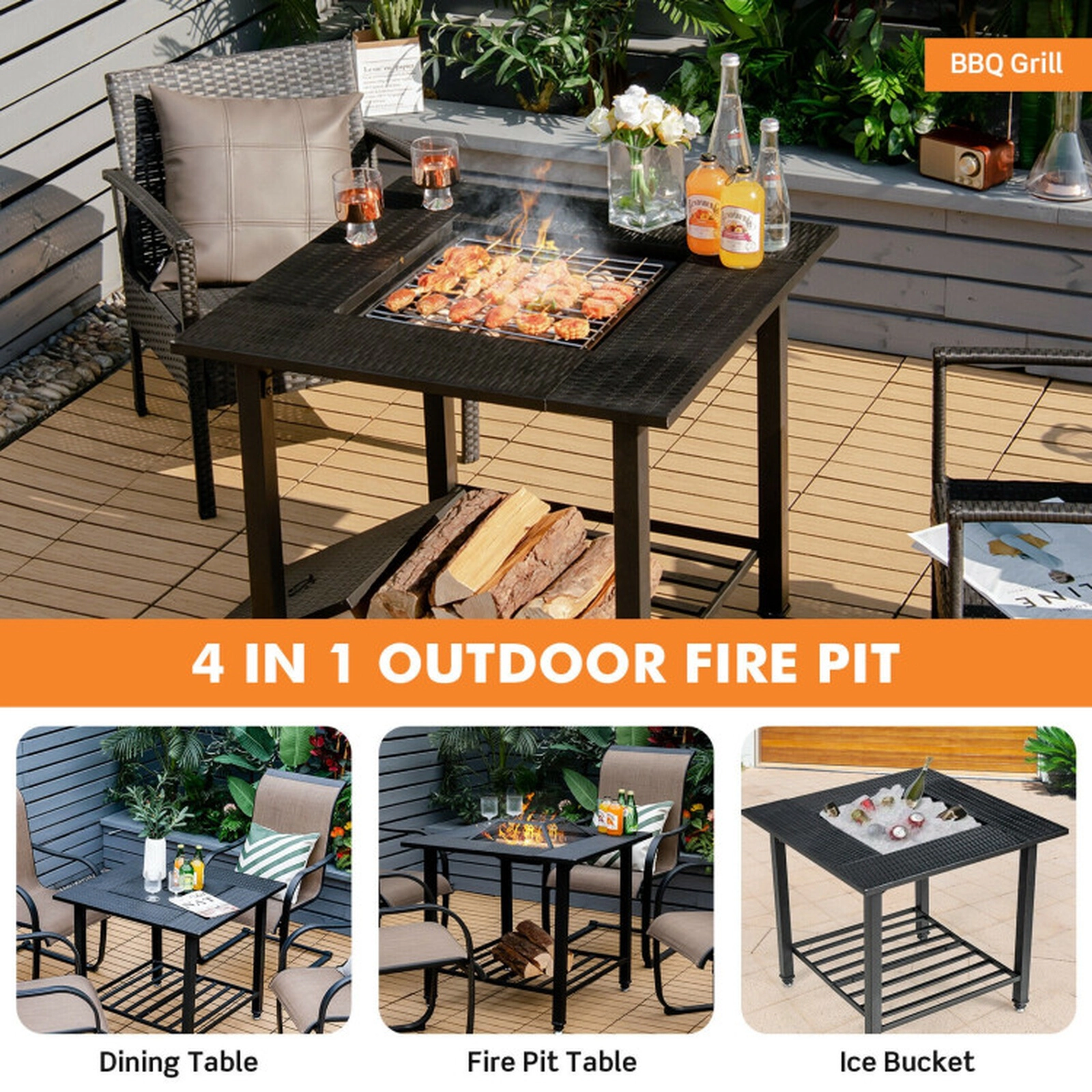 SUGIFT Square Black Fire Pit Dining Table with Grill Grate and Lid 31-in W 31-in D 31-in H 44-lb Tabletop Capacity