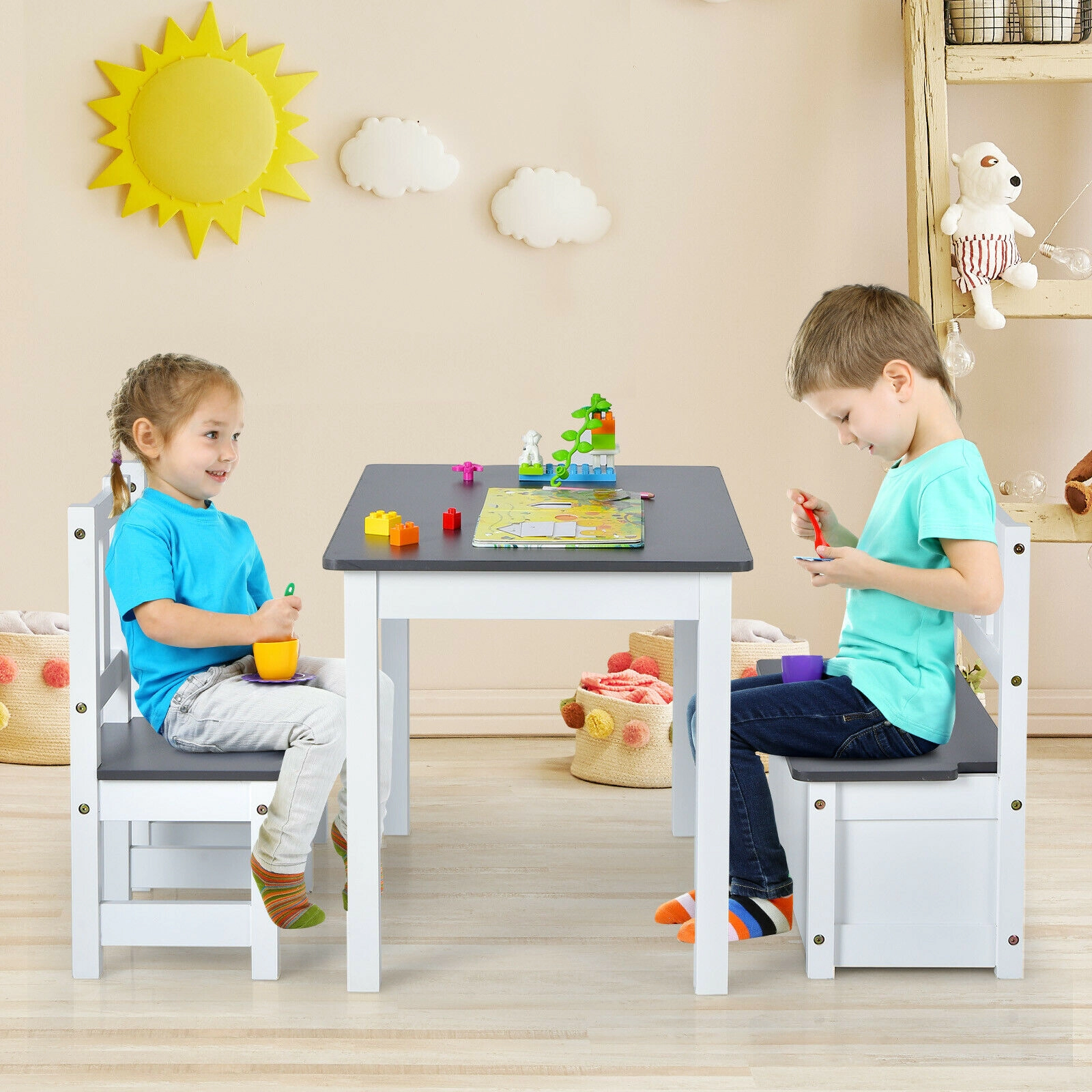 4-Piece Kids Table and Chairs Set Wooden Toddler Activity Table with 2 Backrest Chairs and Lidded Storage Bench Gray