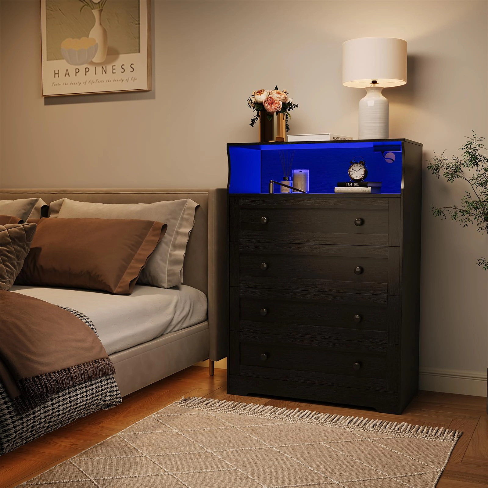 45.2" Tall 4 Drawer Dresser with LED Shelf & Charging Station, Wood Storage Chest