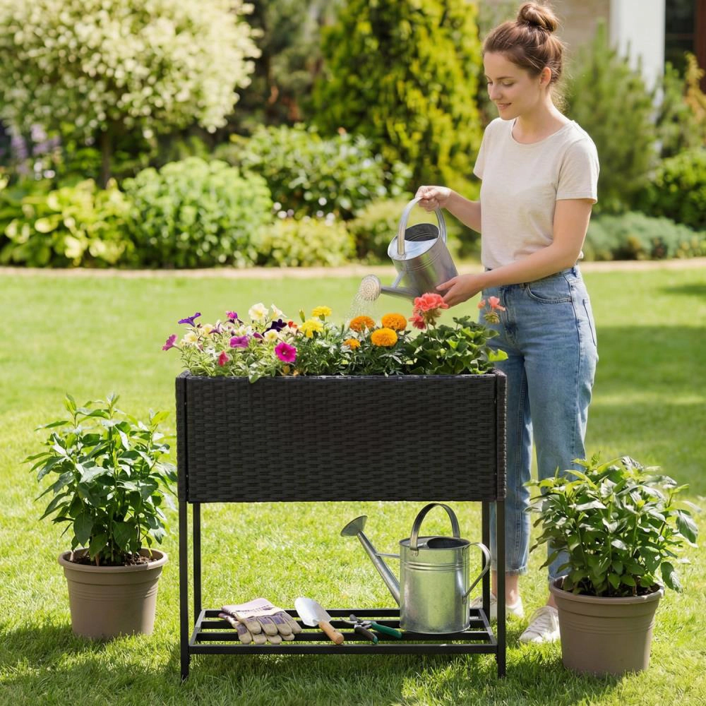 Hivvago Elevated Garden Planter with Rattan Finish Bottom Shelf