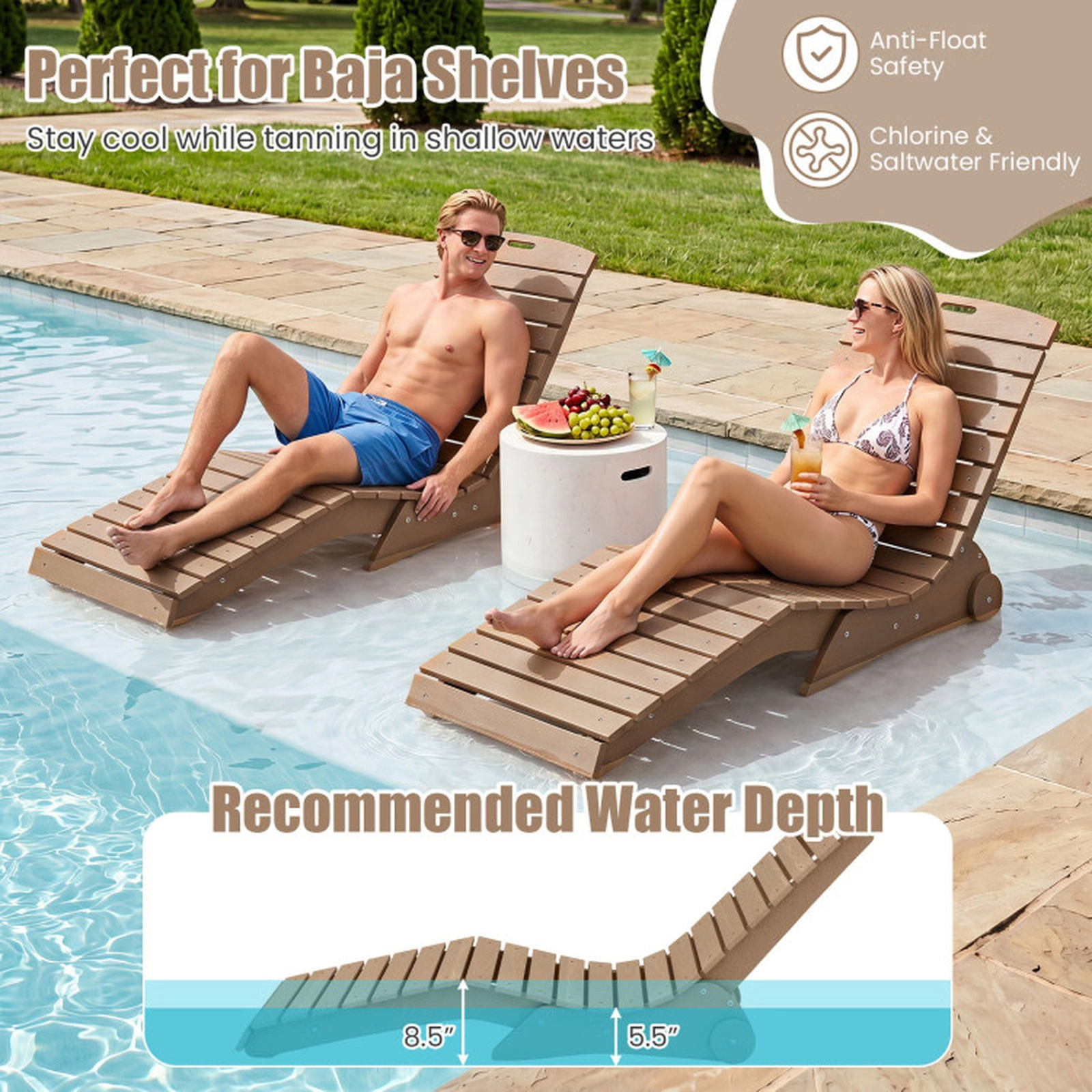 SUGIFT Ergonomic In-Pool Lounge Chair 450-lb Capacity for 5.5-8.5-in Baja Shelf Brown