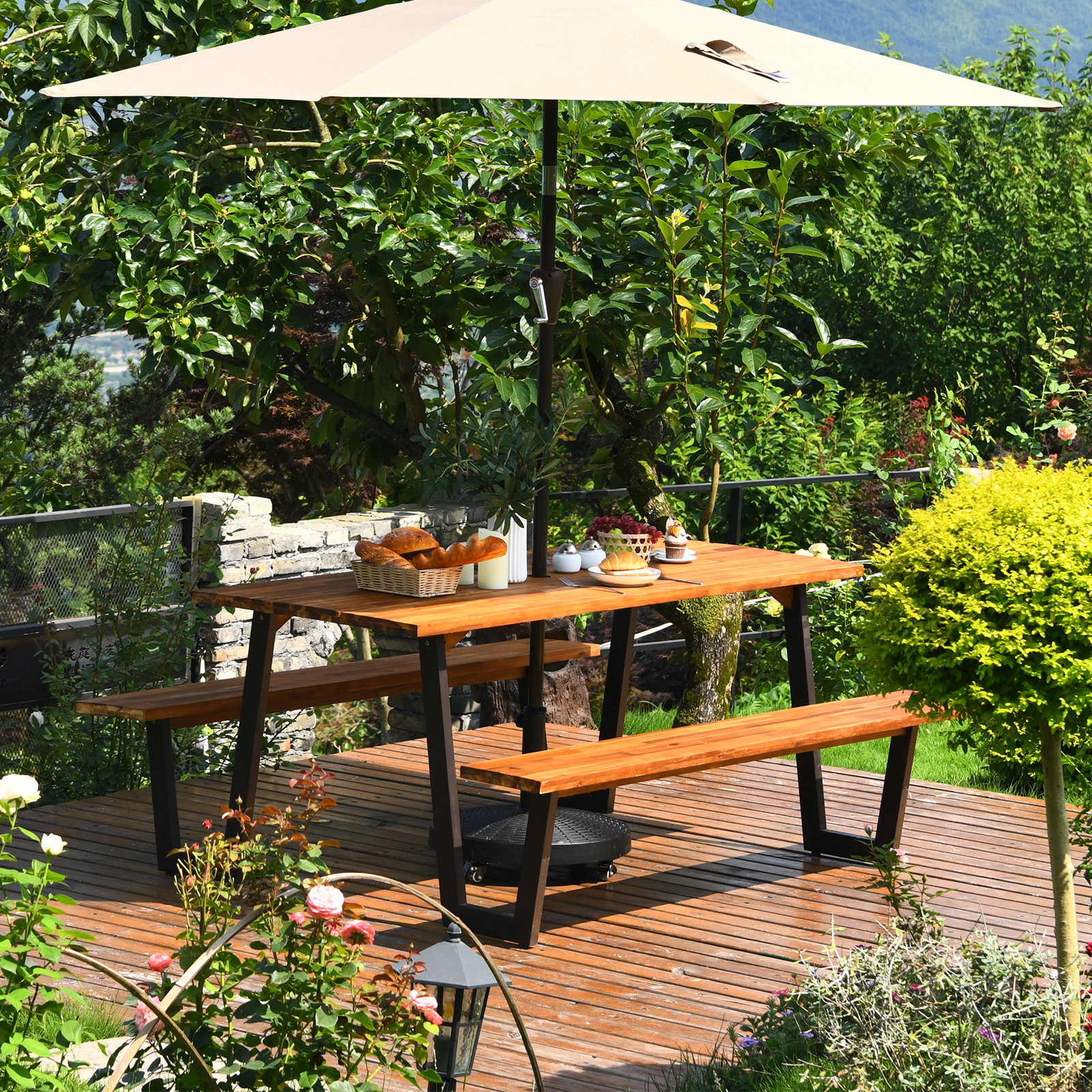 SUGIFT 70-In Acacia Wood Picnic Table Set with Two Benches and Umbrella Hole