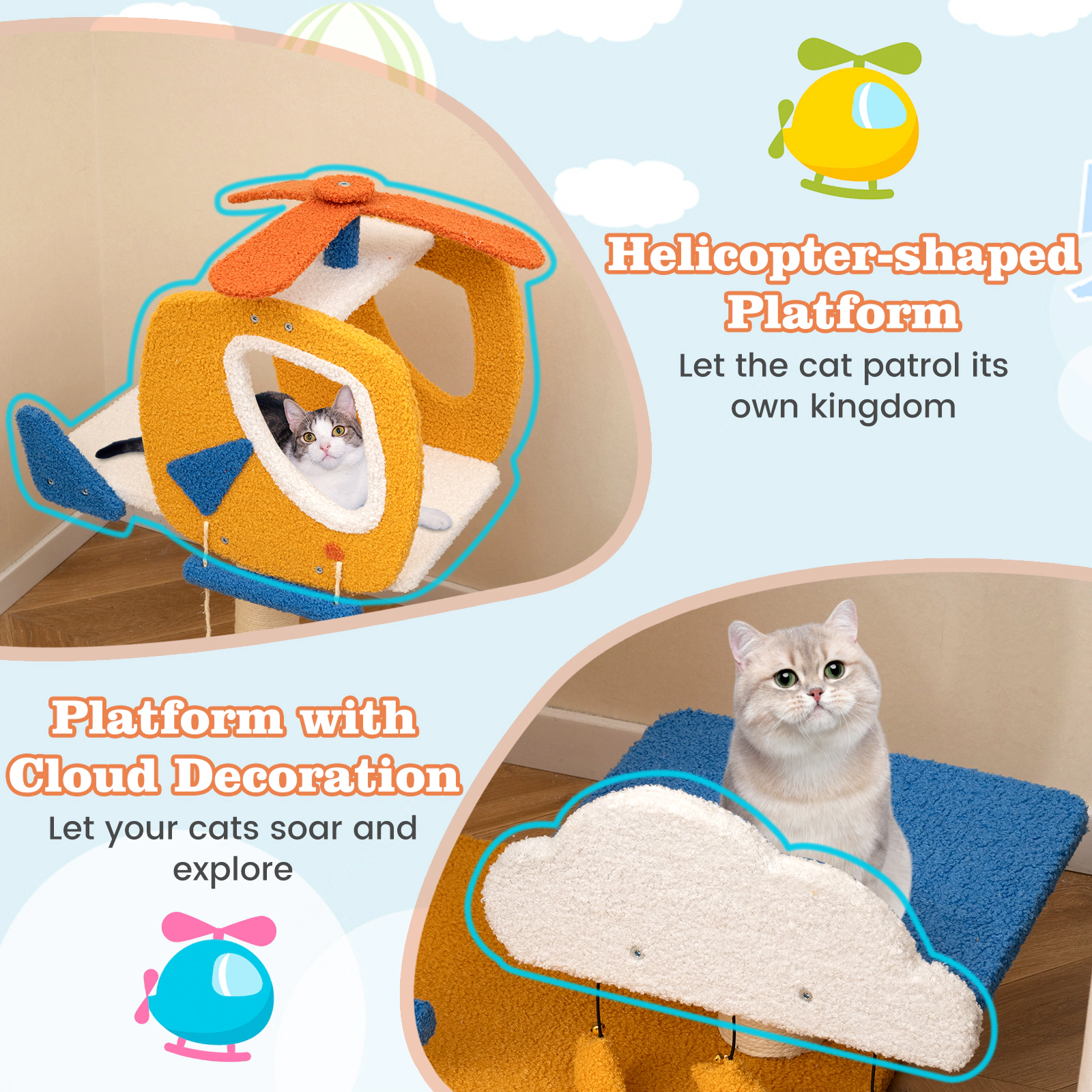 SUGIFT 30 in Cat Tower Yellow Aviation Theme with Helicopter Top Perch and Cloud Panel