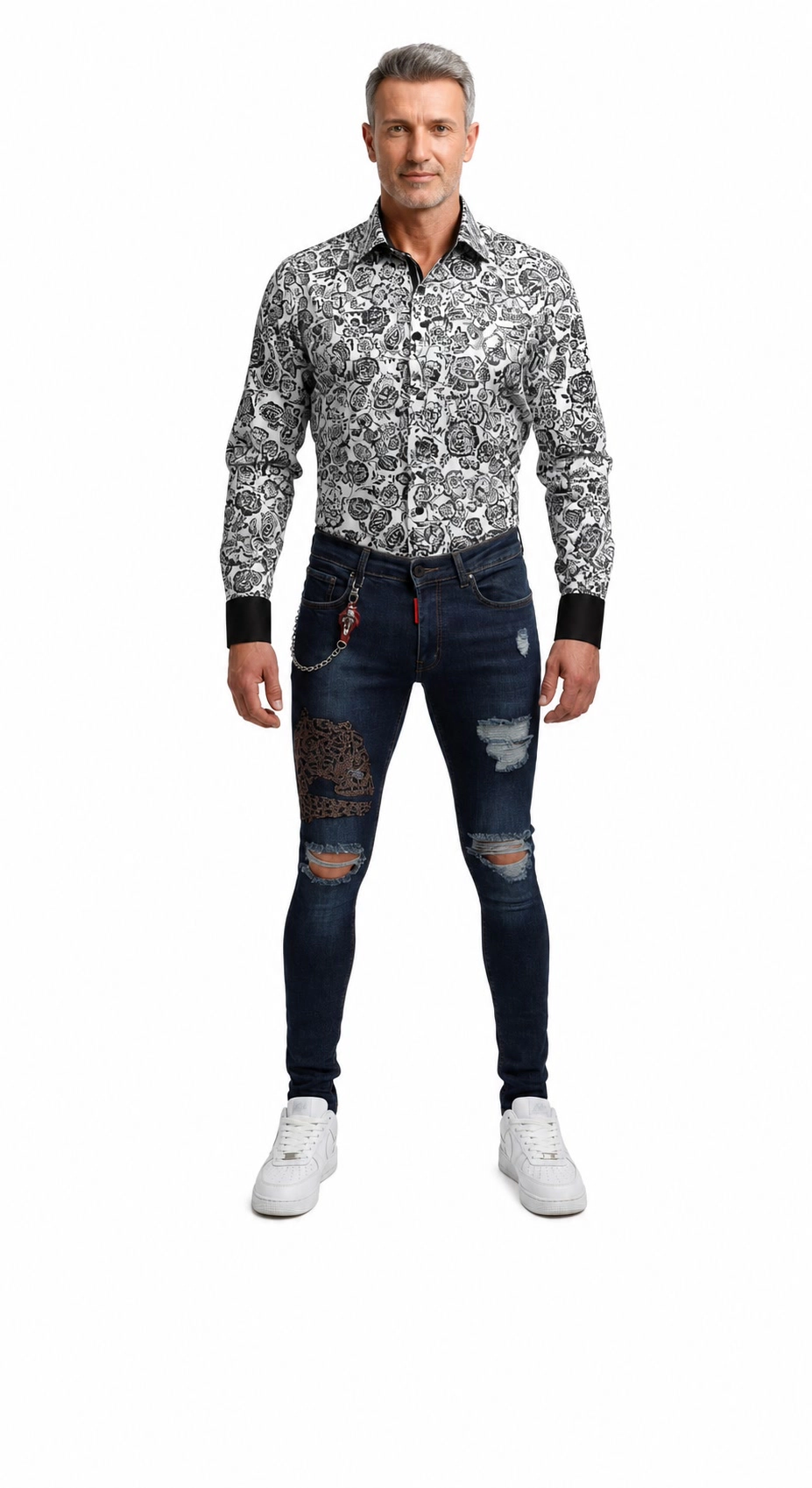 Elie Balleh Men's leopard patch skinny distressed jeans