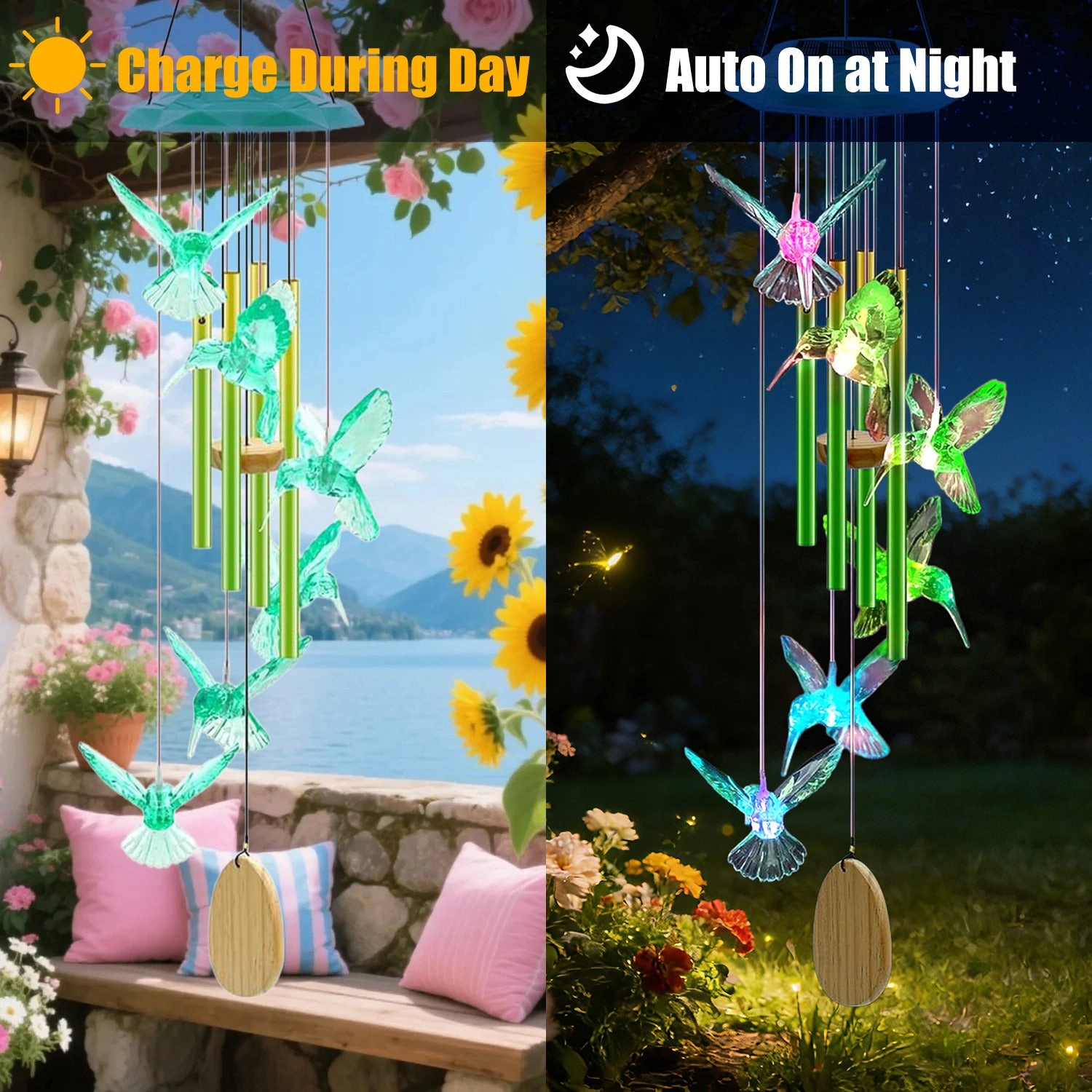 GBruno Solar Hummingbird Wind Chime With LED Lights