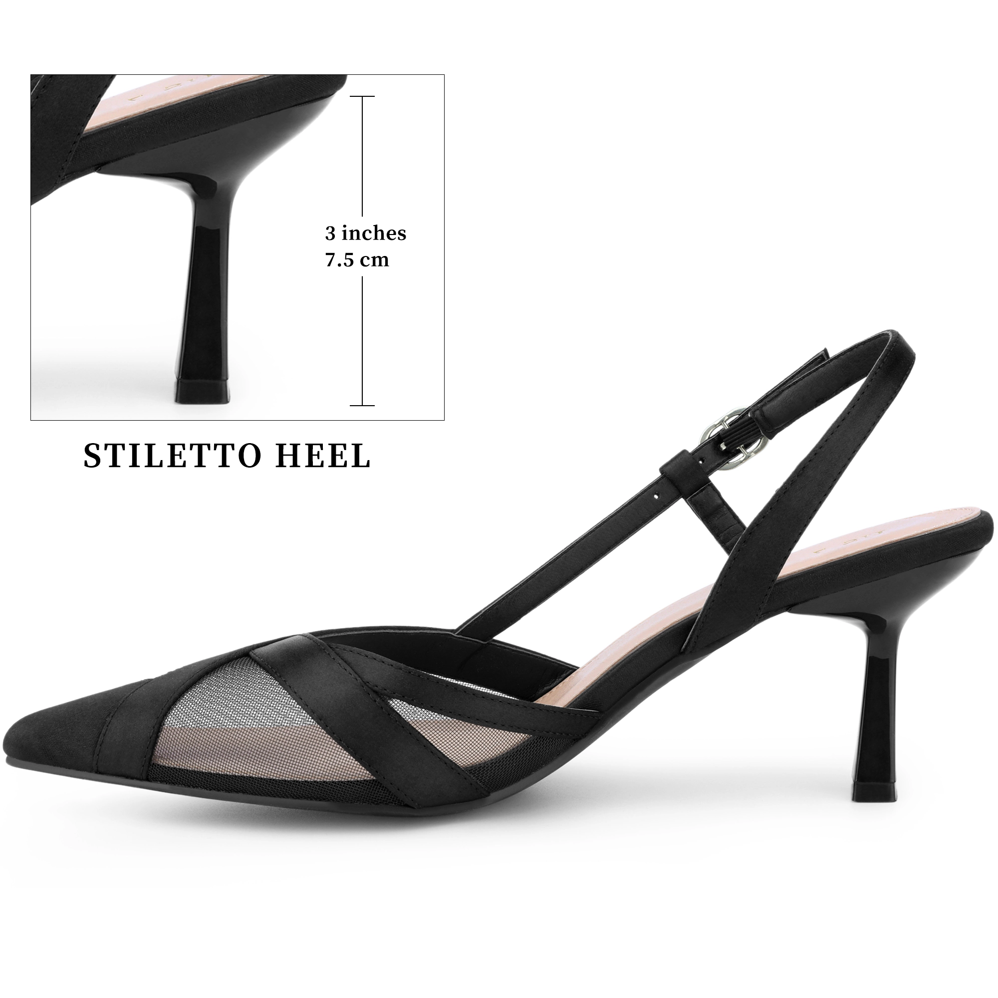 BLISSFUL STEP Women Closed Pointed Toe Mesh Slingback Kitten Heels Dress Pumps