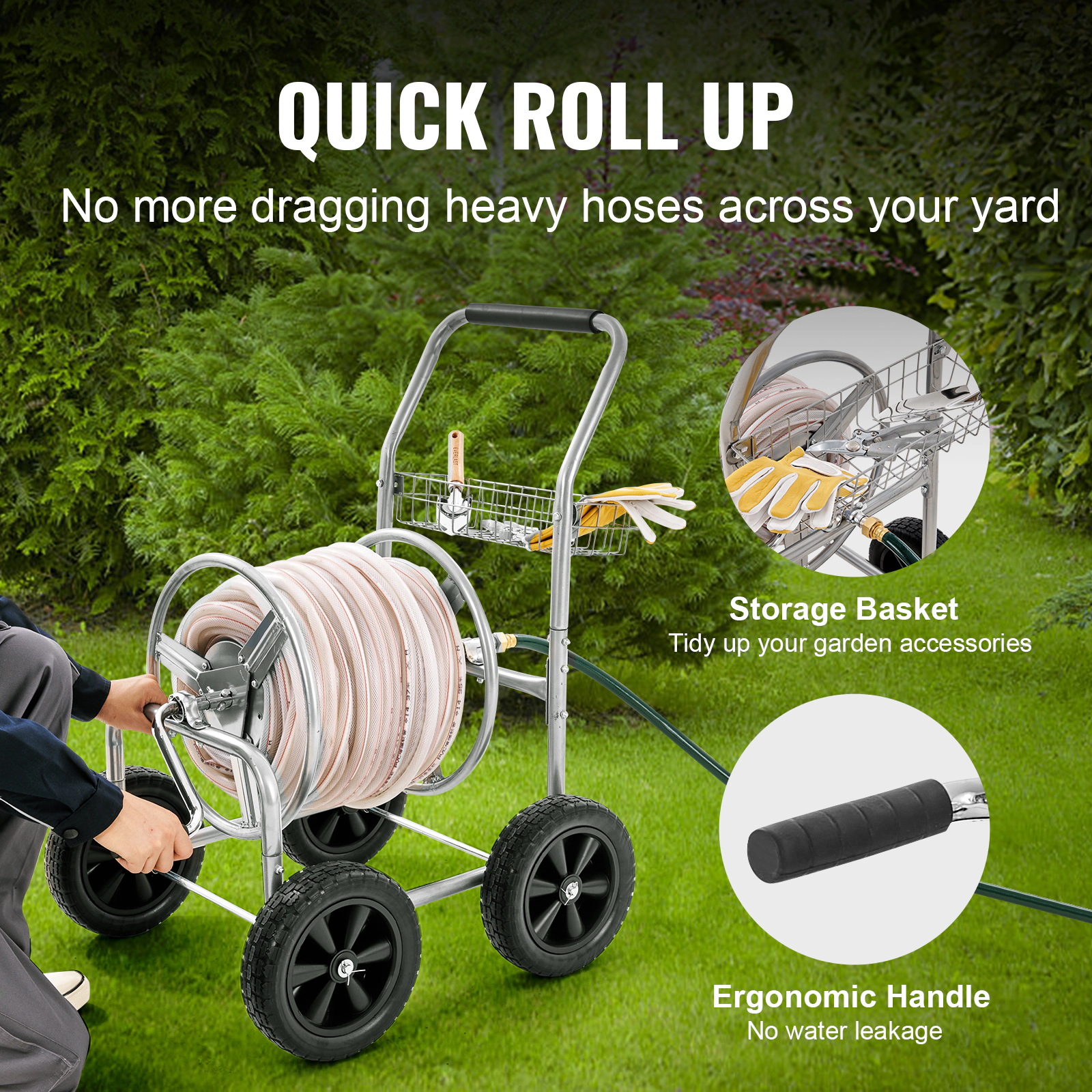 HONGGE Hose Reel Cart, Holds 300 ft of 5/8" or 500 ft of 1/2" Hose, Steel Frame with 4 Wheels and Storage Basket