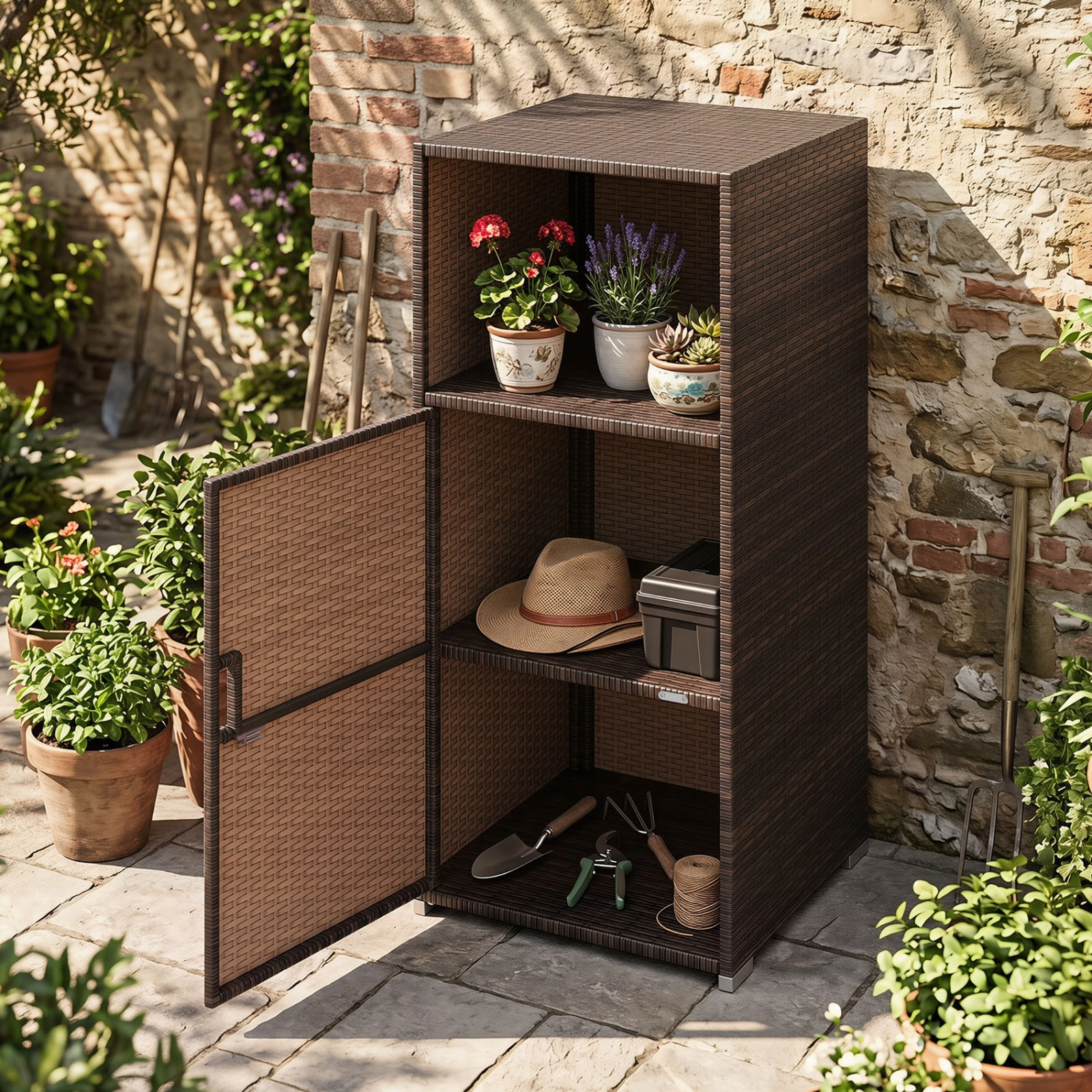 SUGIFT Open Compartment Enclosed Door PE Wicker Outdoor Patio Storage Cabinet 20-in x 20-in x 43-in 66-lb Shelf Brown