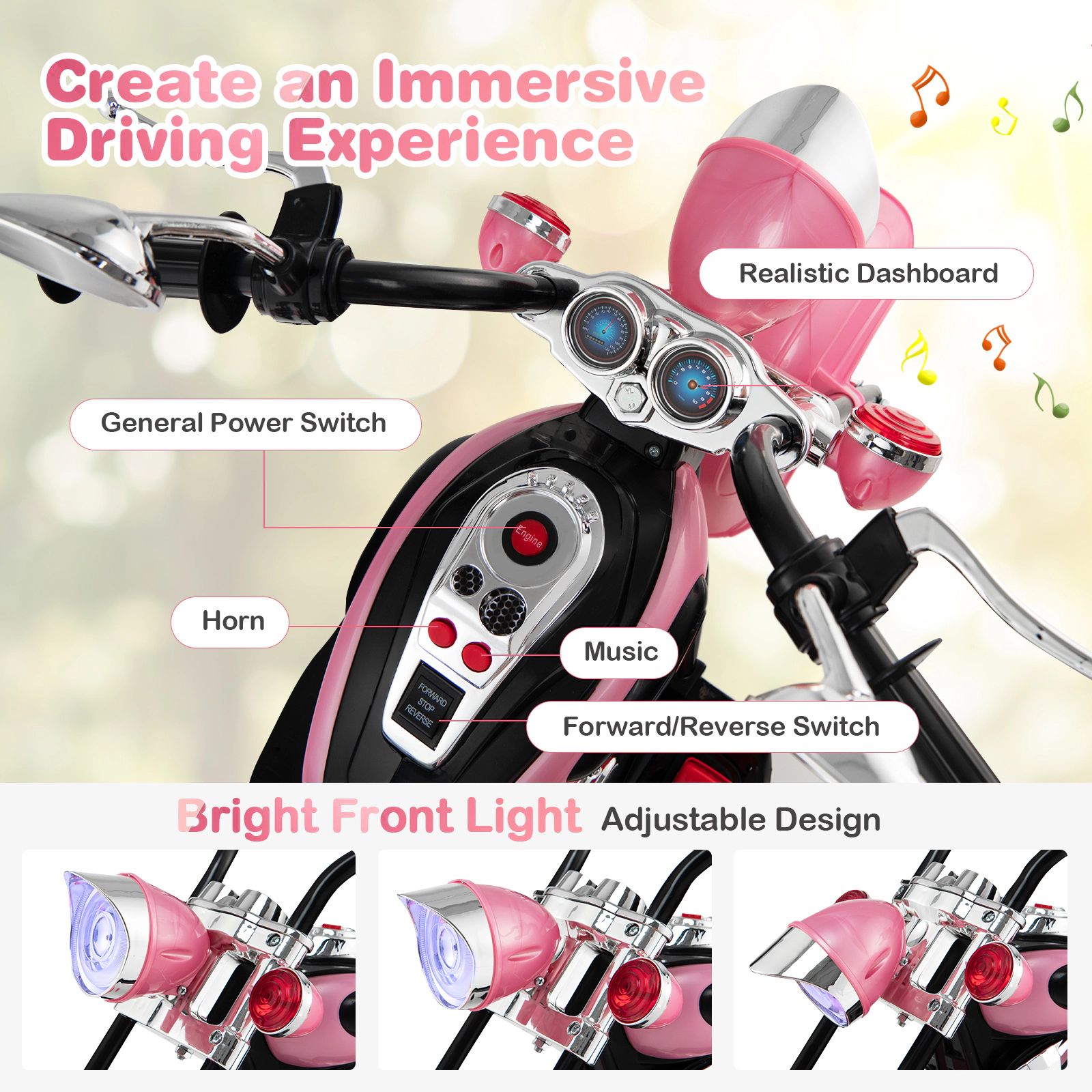 3-Wheel Kids Electric Motorcycle 6V Ride On Adjustable Headlight Music 36-in Ages 3+ 66-lb Capacity Pink