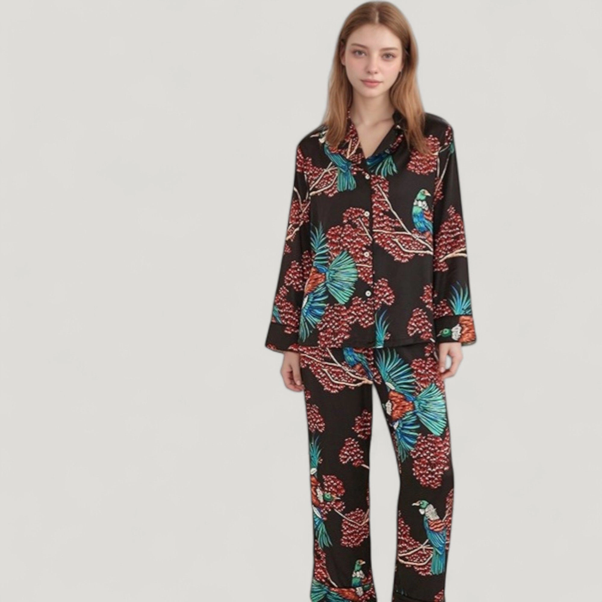 Anna-Kaci Women's Woven Two-Piece Pajama Set Tropical Bird and Botanical Print Long Sleeve Top Relaxed Fit Pants