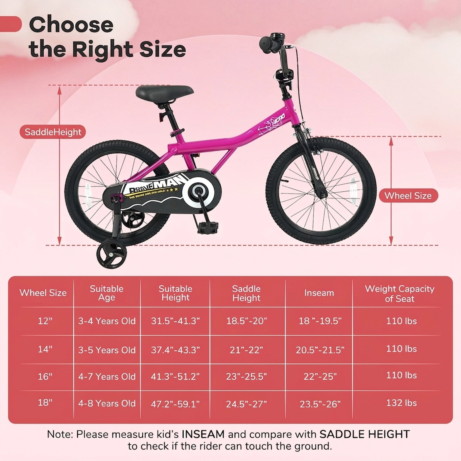 18-in Kids Bike Removable Training Wheels Kickstand Adjustable Seat and Handlebar Enclosed Chain Guard Ages 4-8 Pink