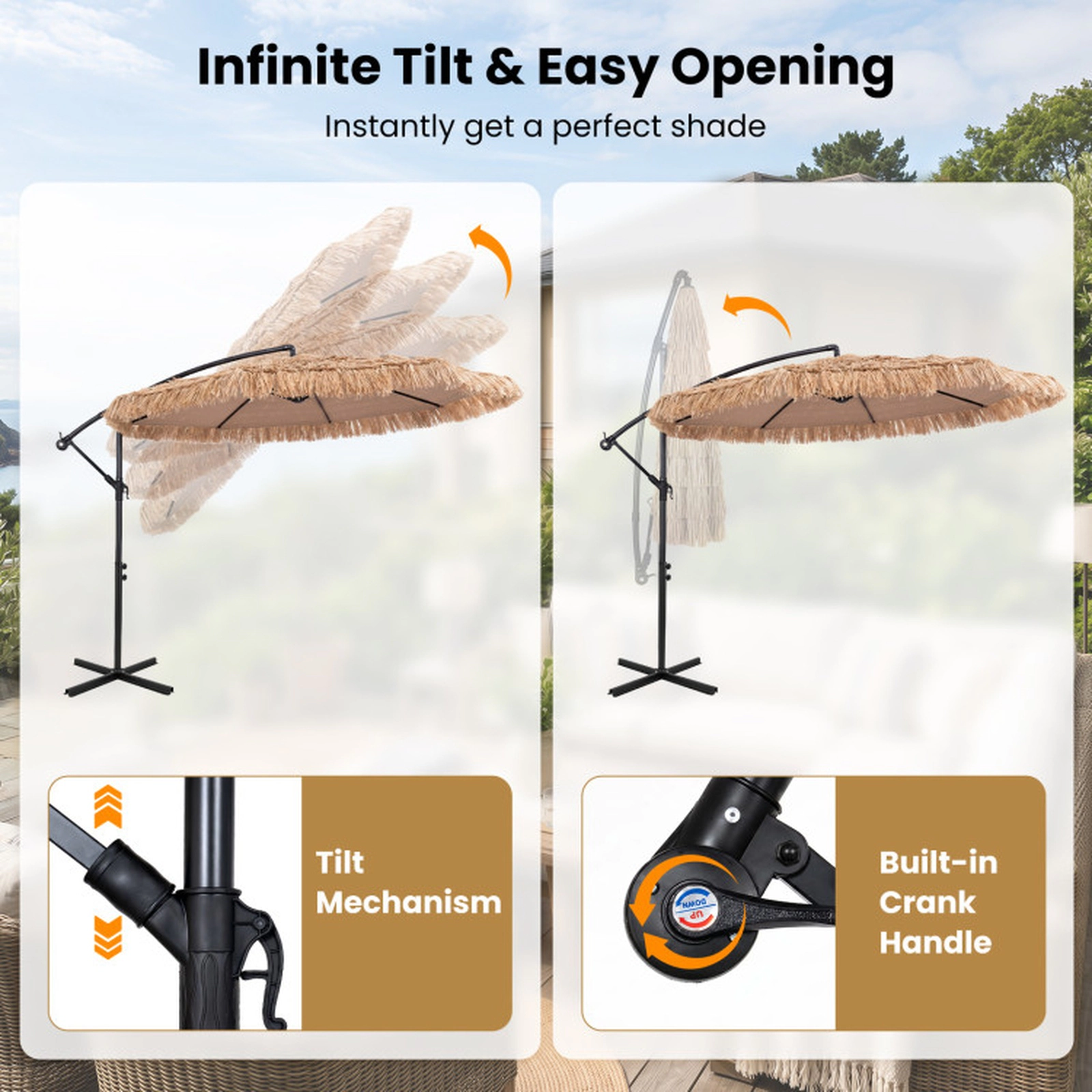 SUGIFT 10-ft Natural Thatched Cantilever Patio Umbrella, Solar Lights, Crank Lift and Infinite Tilt
