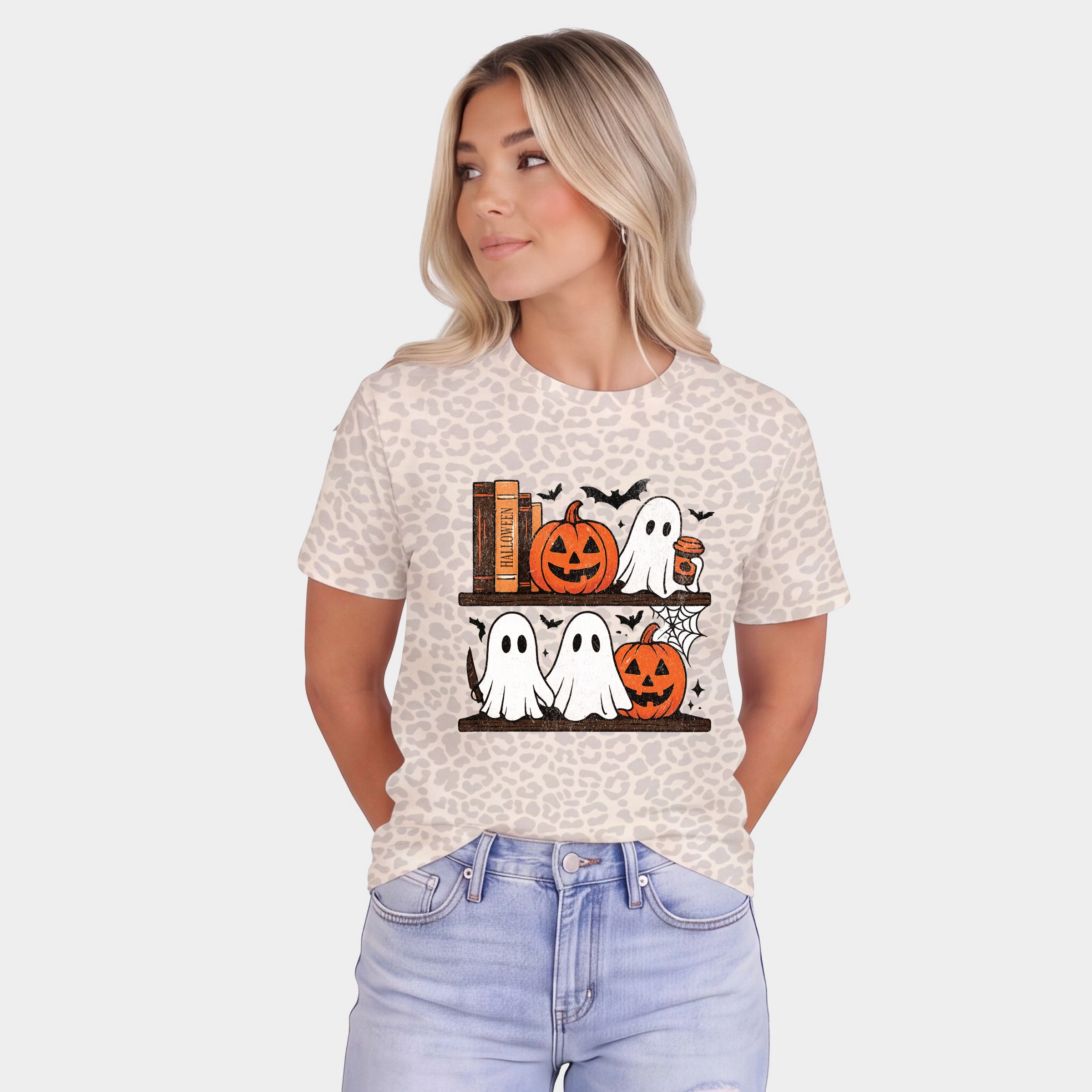 Simply Sage Market - Women's Leopard Print Tee Halloween Bookshelf Ghosts